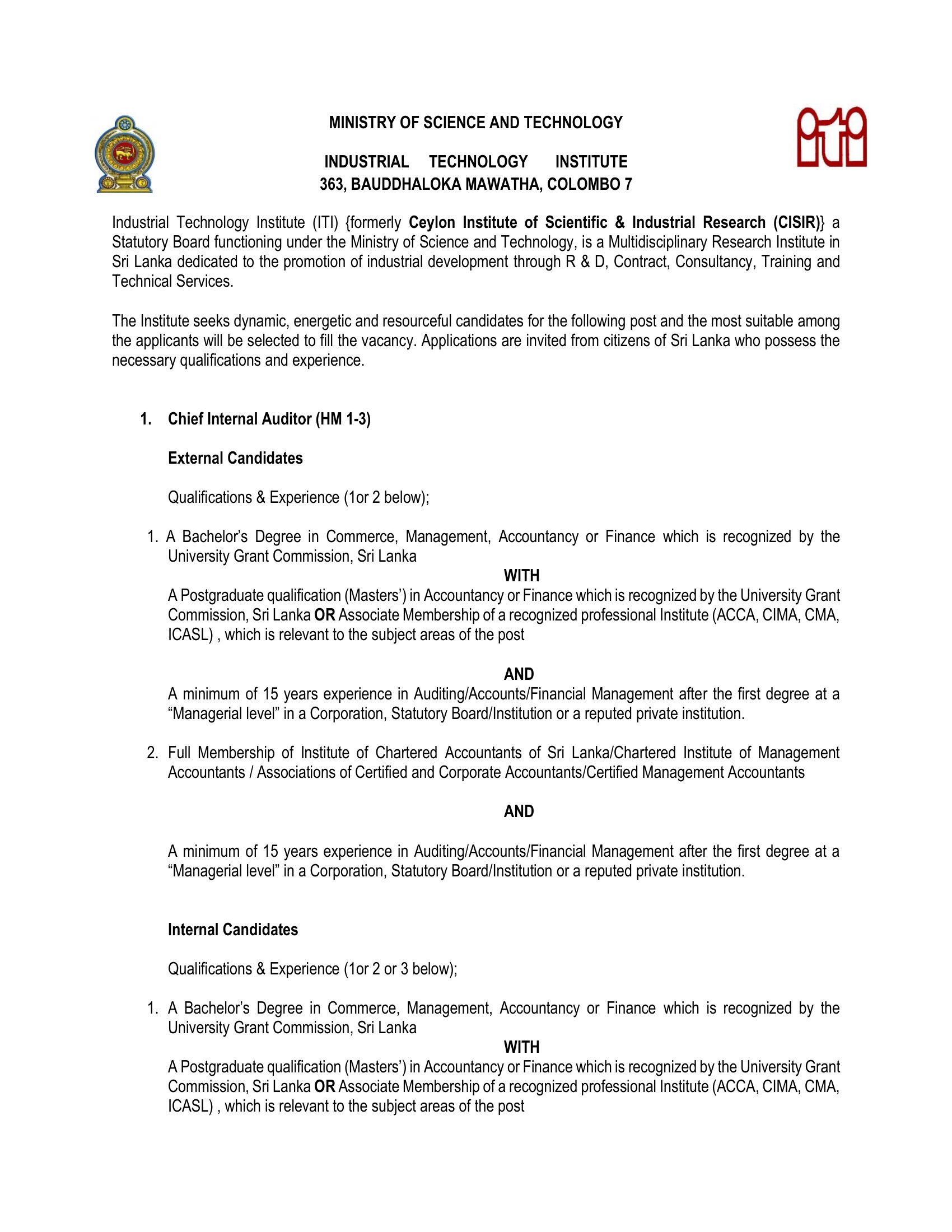 Chief Internal Auditor - Industrial Technology Institute