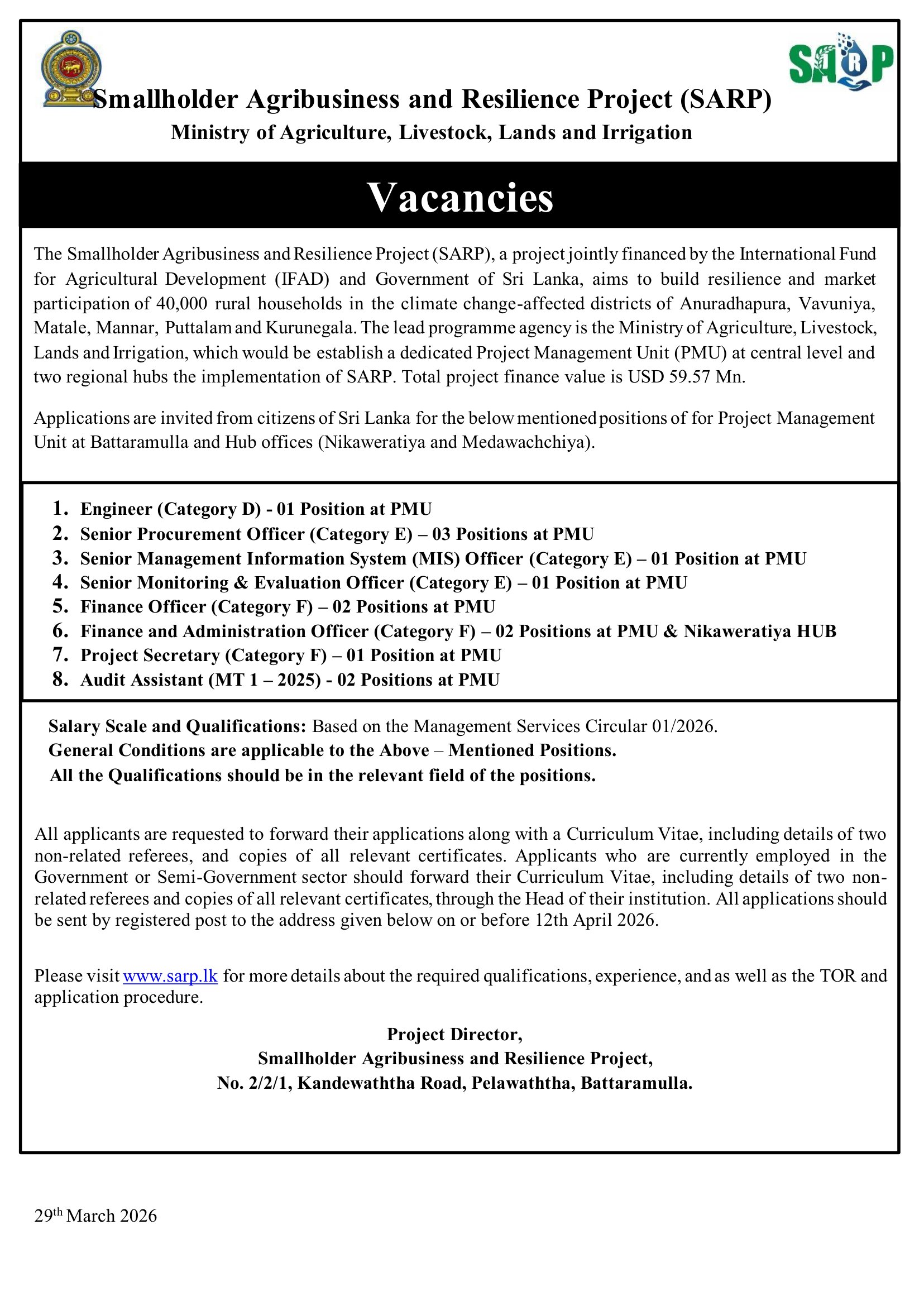 Engineer, Senior Procurement Officer, Senior Management Information System Officer, Senior Monitoring & Evaluation Officer, Finance Officer, Finance & Administration Officer, Project Secretary Audit Assistant - Ministry of Agriculture, Livestock, Lands & Irrigation