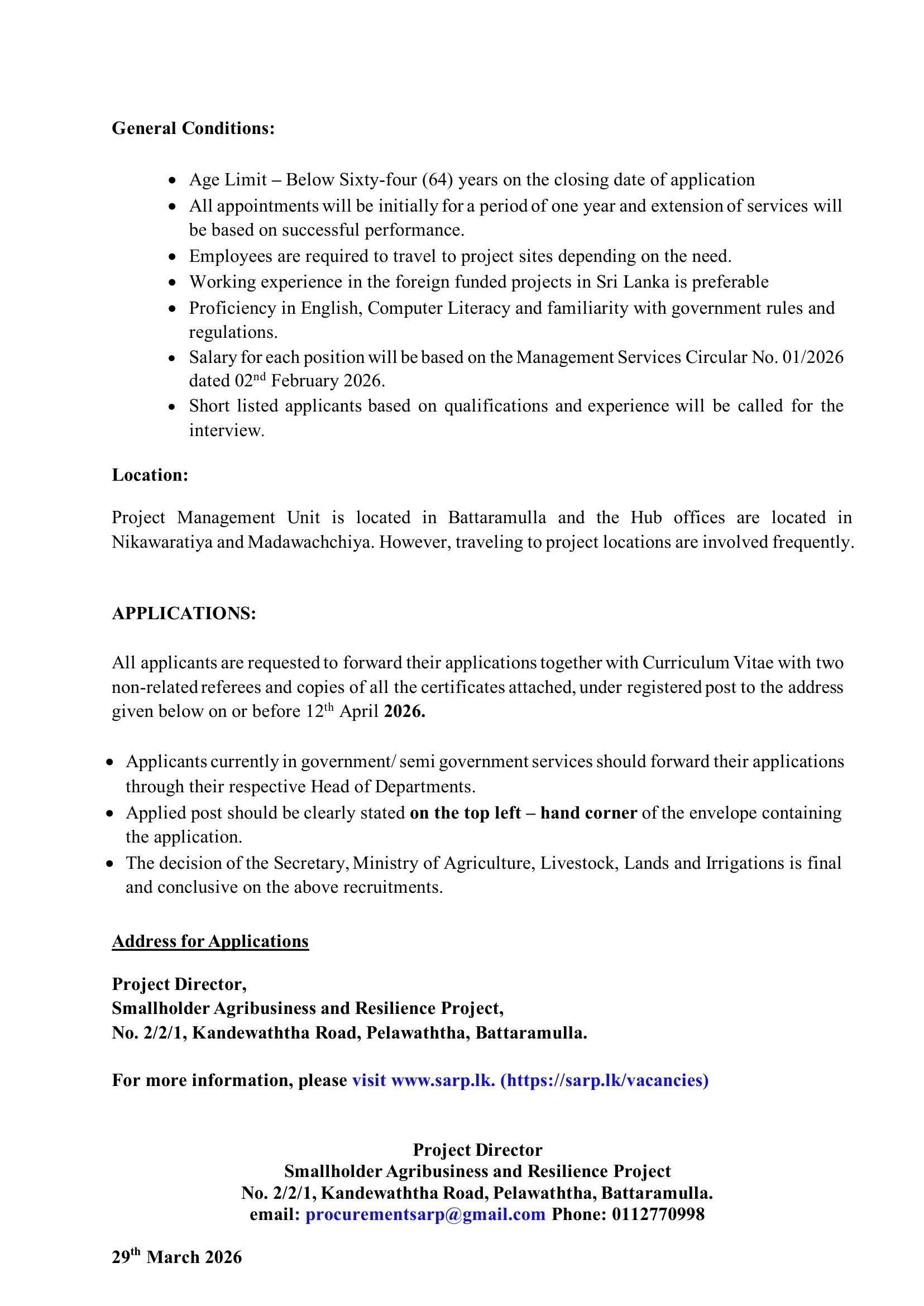 Engineer, Senior Procurement Officer, Senior Management Information System Officer, Senior Monitoring & Evaluation Officer, Finance Officer, Finance & Administration Officer, Project Secretary Audit Assistant - Ministry of Agriculture, Livestock, Lands & Irrigation