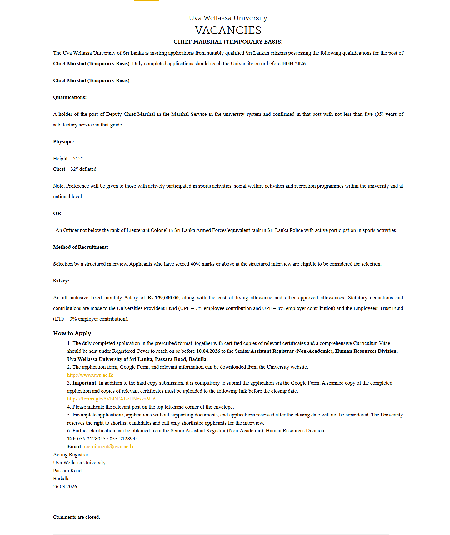 Chief Marshal - Uva Wellassa University