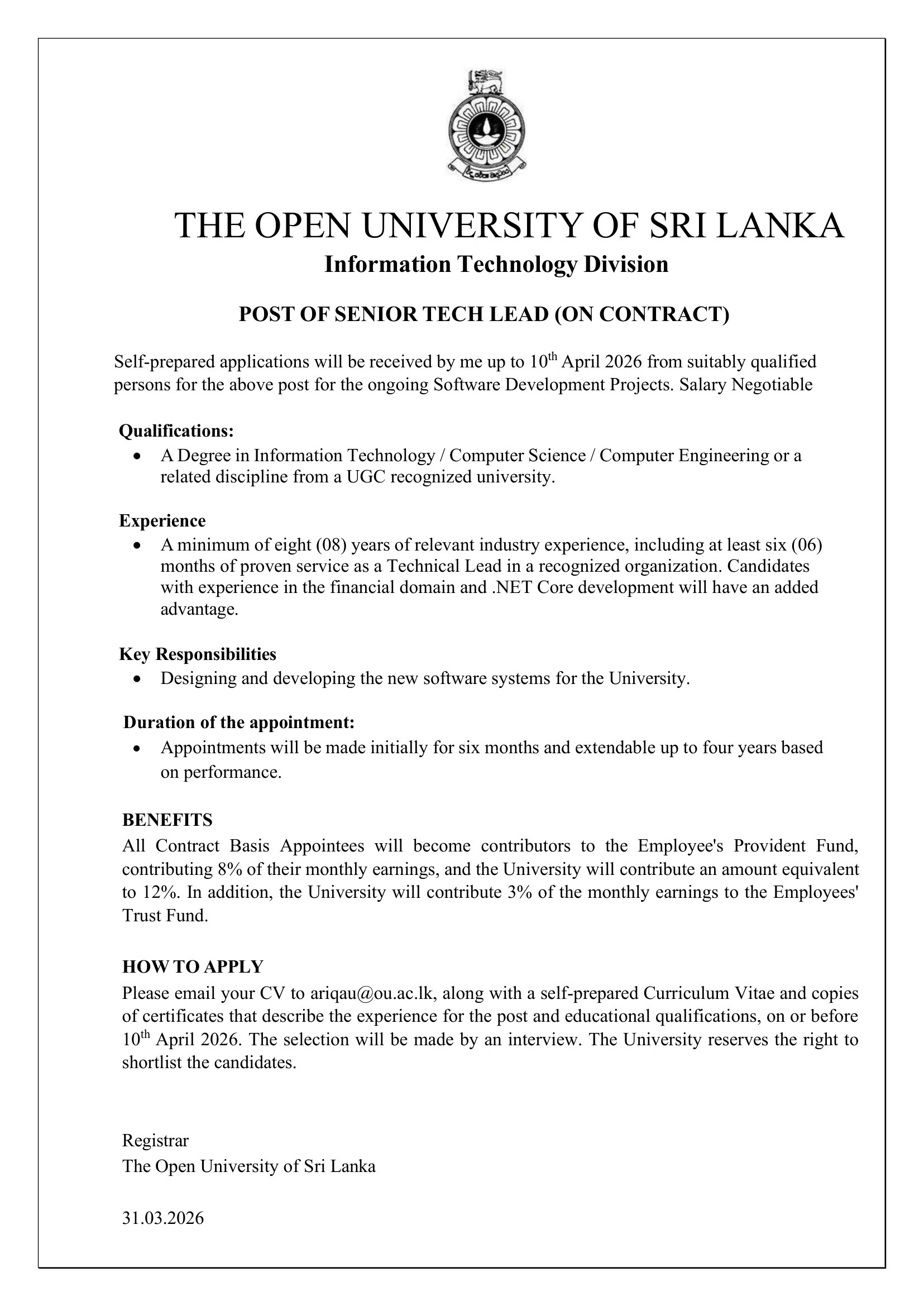 Senior Tech Lead - The Open University of Sri Lanka