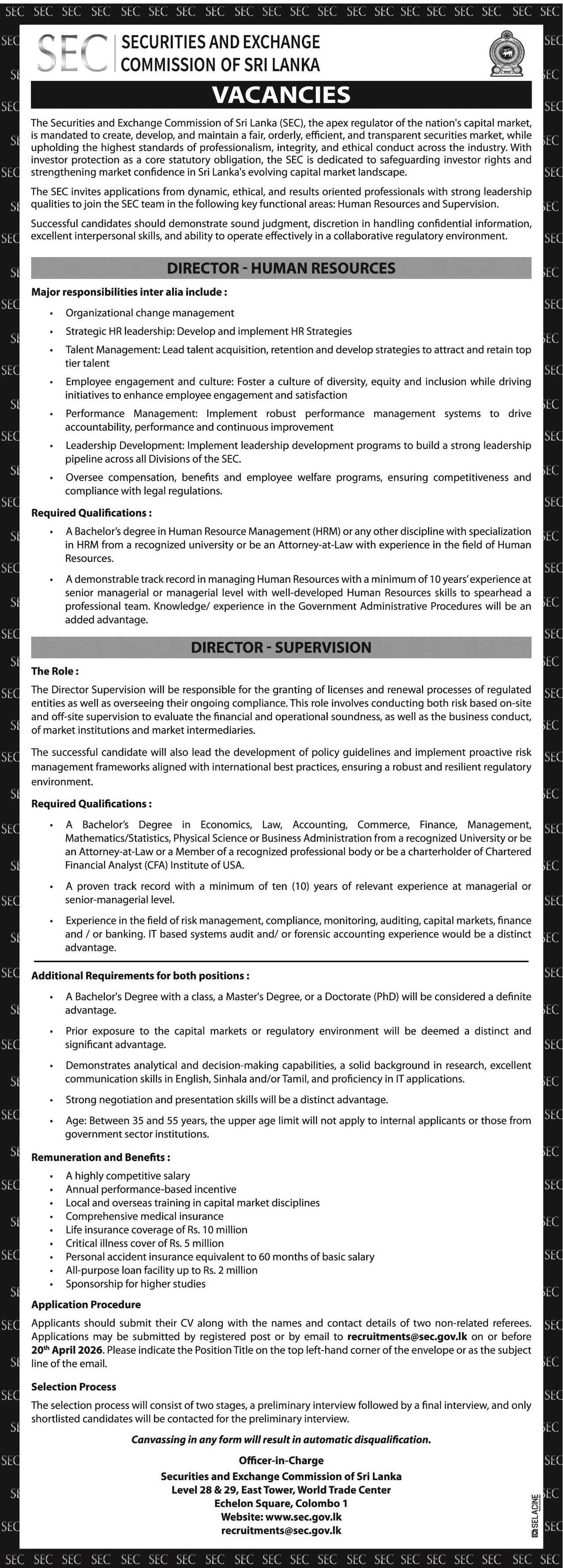 Director (Human Resources, Supervision) - Securities & Exchange Commission of Sri Lanka 