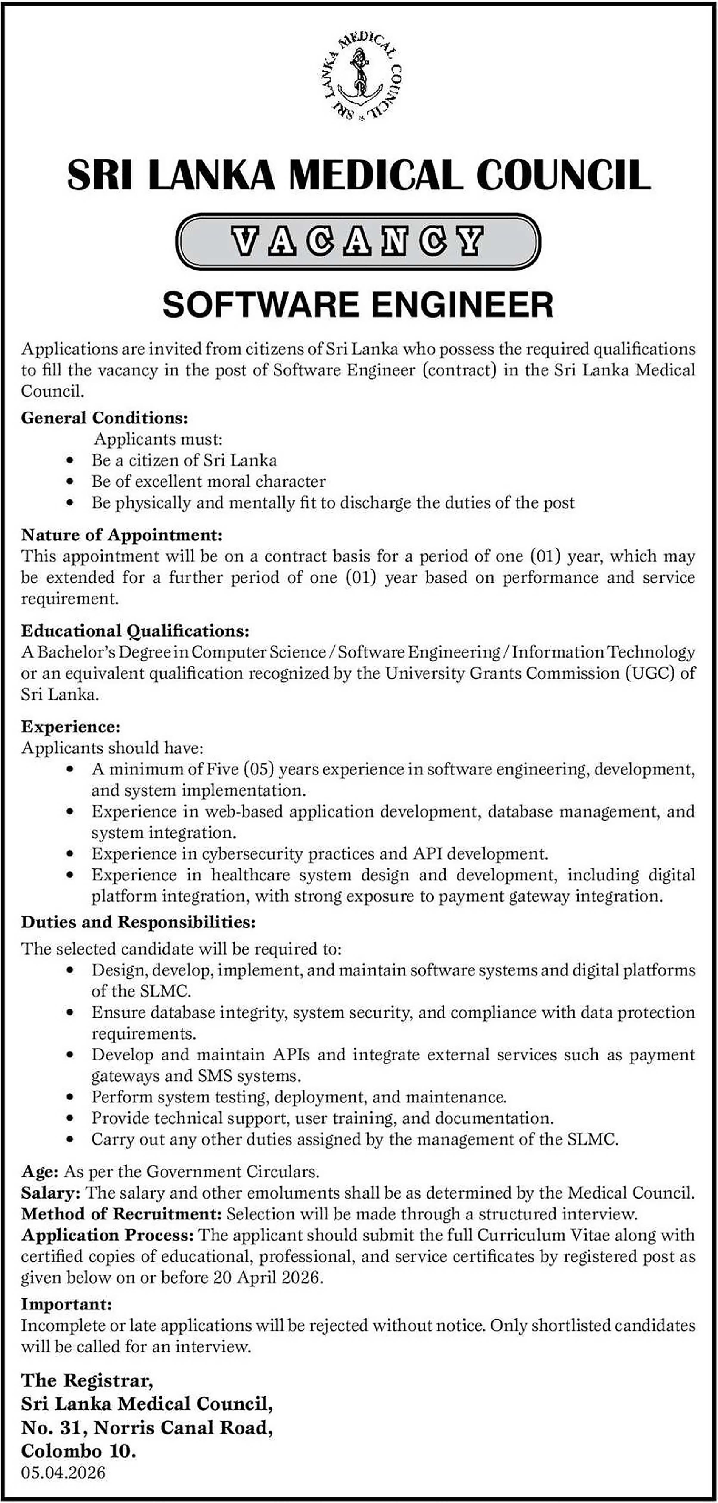 Software Engineer - Sri Lanka Medical Council