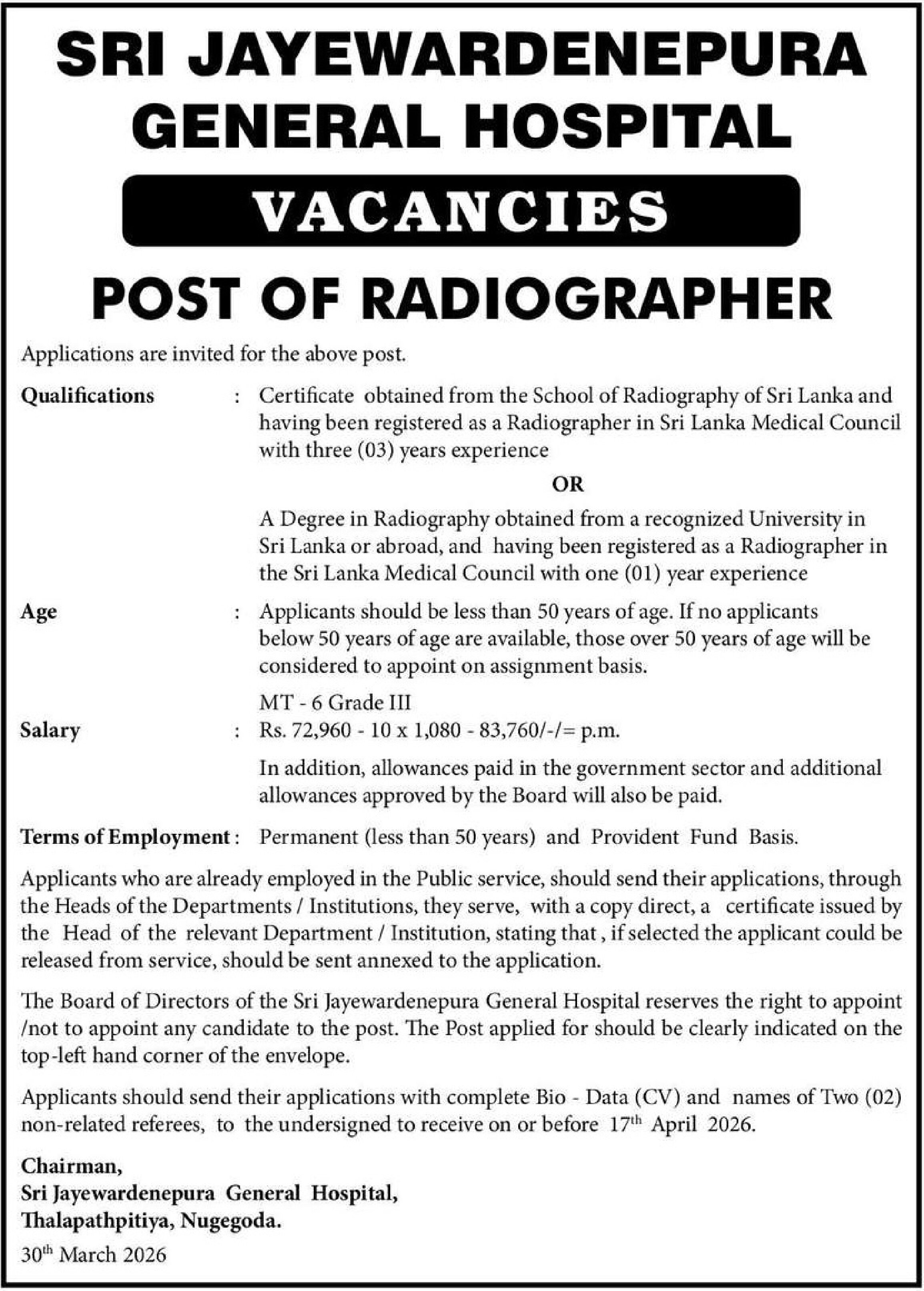 Radiographer - Sri Jayewardenepura General Hospital