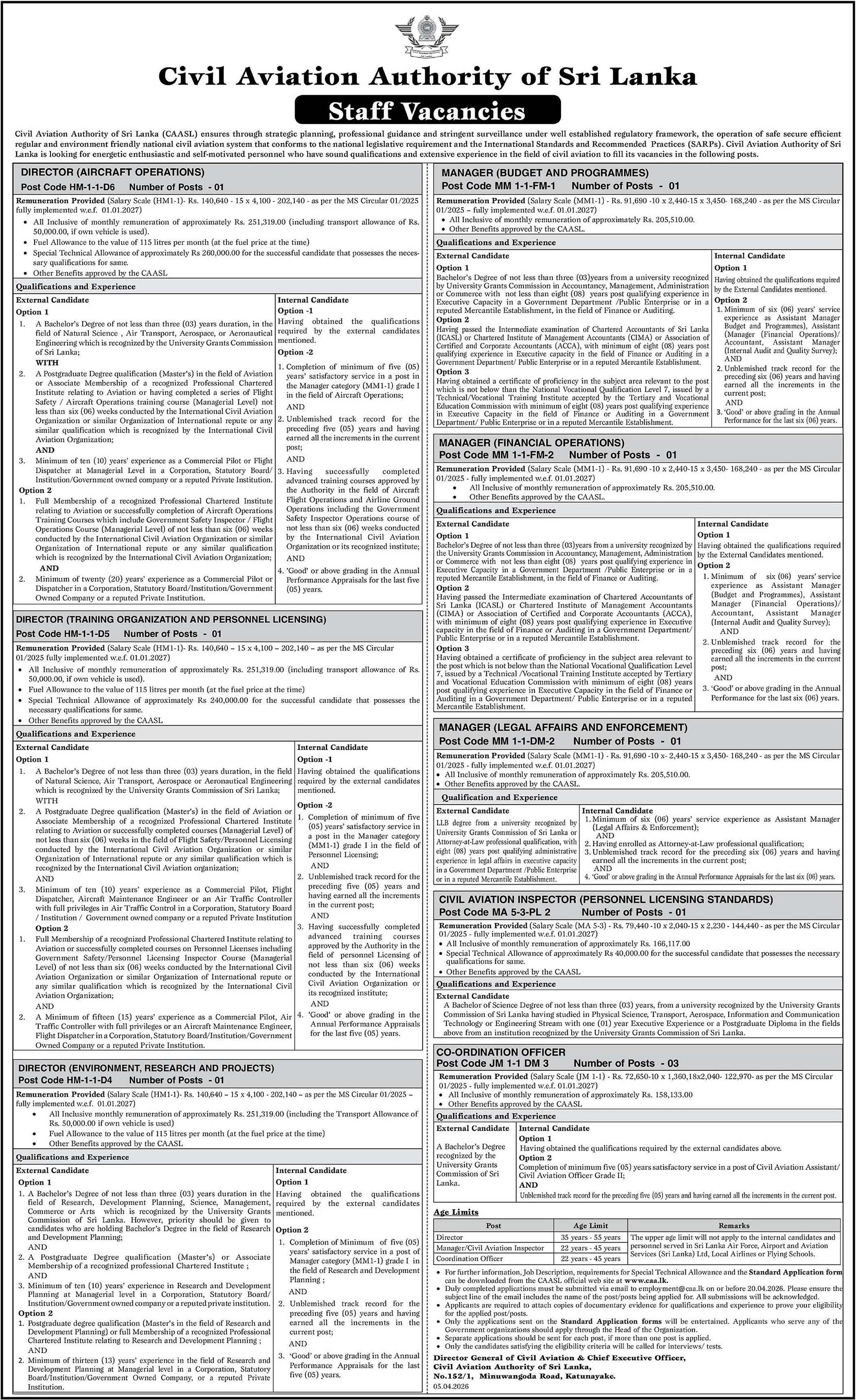 Director, Manager, Civil Aviation Inspector, Coordination Officer - Civil Aviation Authority of Sri Lanka