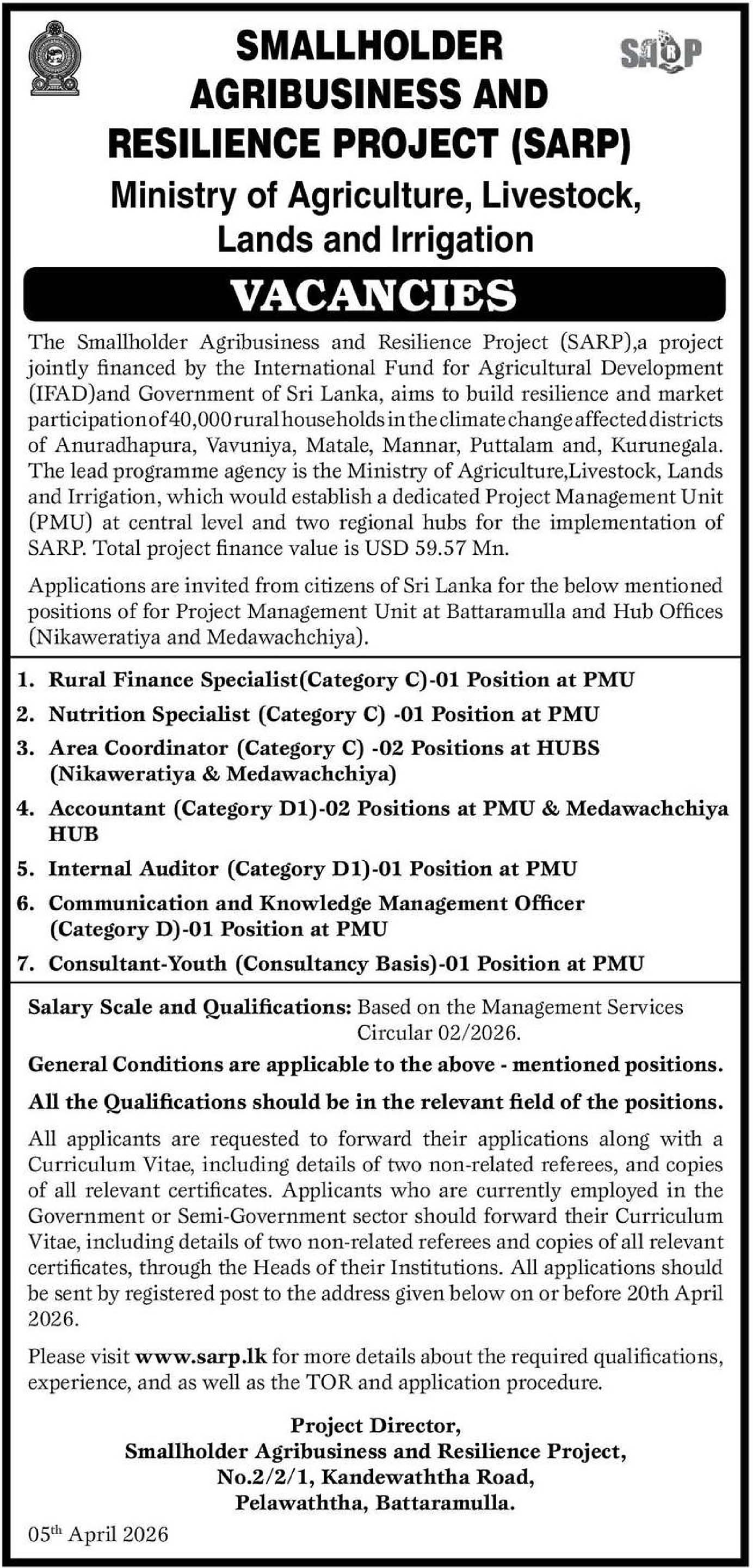 Rural Finance Specialist, Nutrition Specialist, Area Coordinator, Accountant, Internal Auditor, Communication & Knowledge Management Officer, Consultant - Smallholder Agribusiness & Resilience Project - Ministry of Agriculture, Livestock, Land & Irrigation