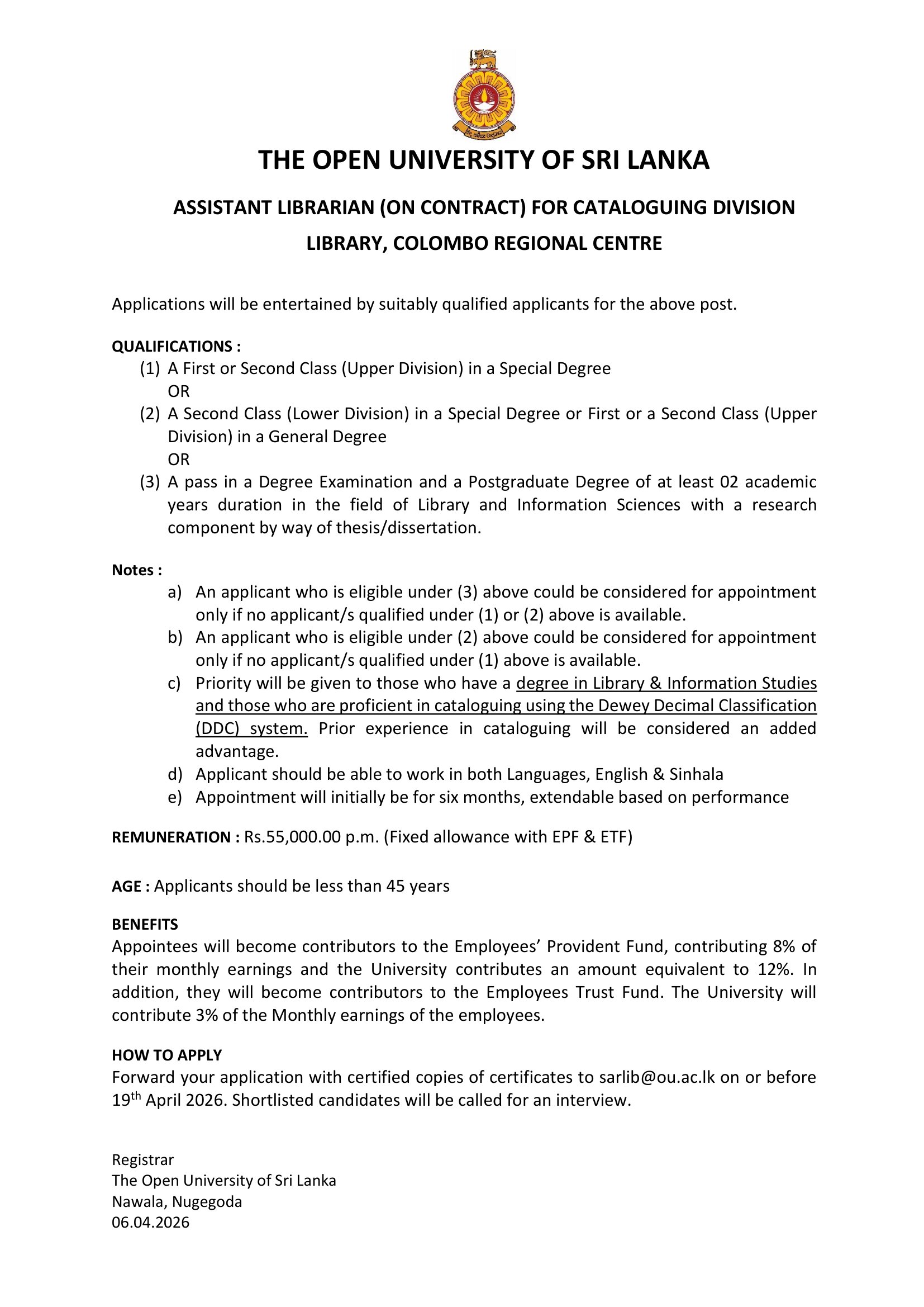 Assistant Librarian - The Open University of Sri Lanka