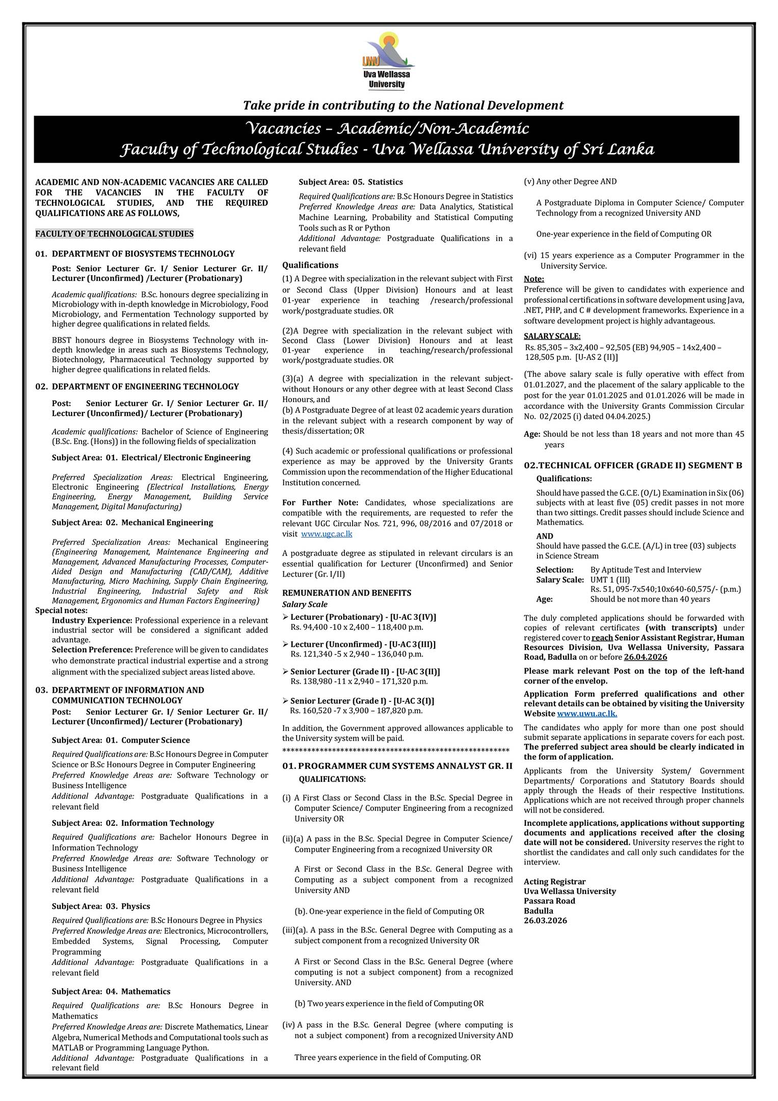 Senior Lecturer, Lecturer, Programmer/Systems Analyst, Technical Officer - Uva Wellassa University