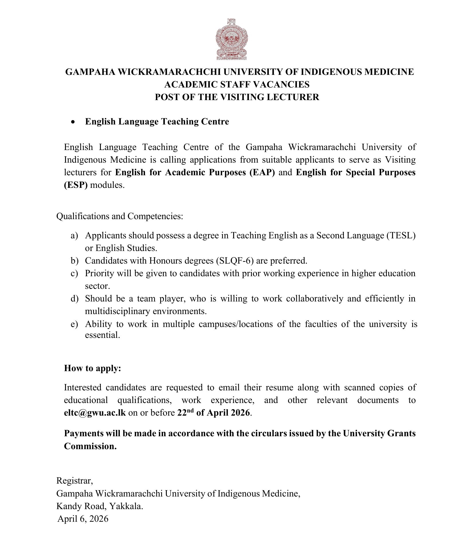 Visiting Lecturer - Gampaha Wickramarachchi University of Indigenous Medicine