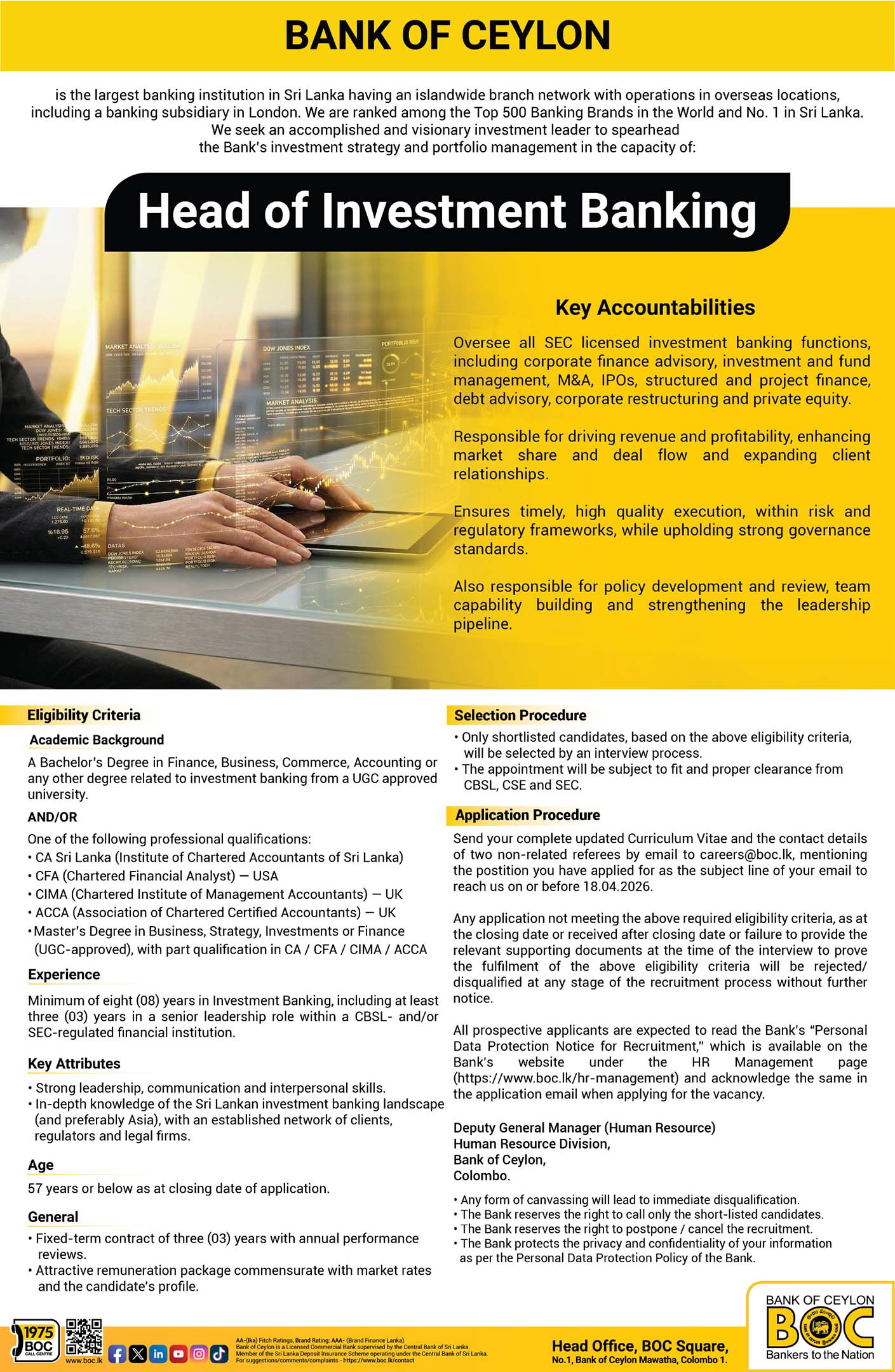  Head of Investment Banking - Bank of Ceylon