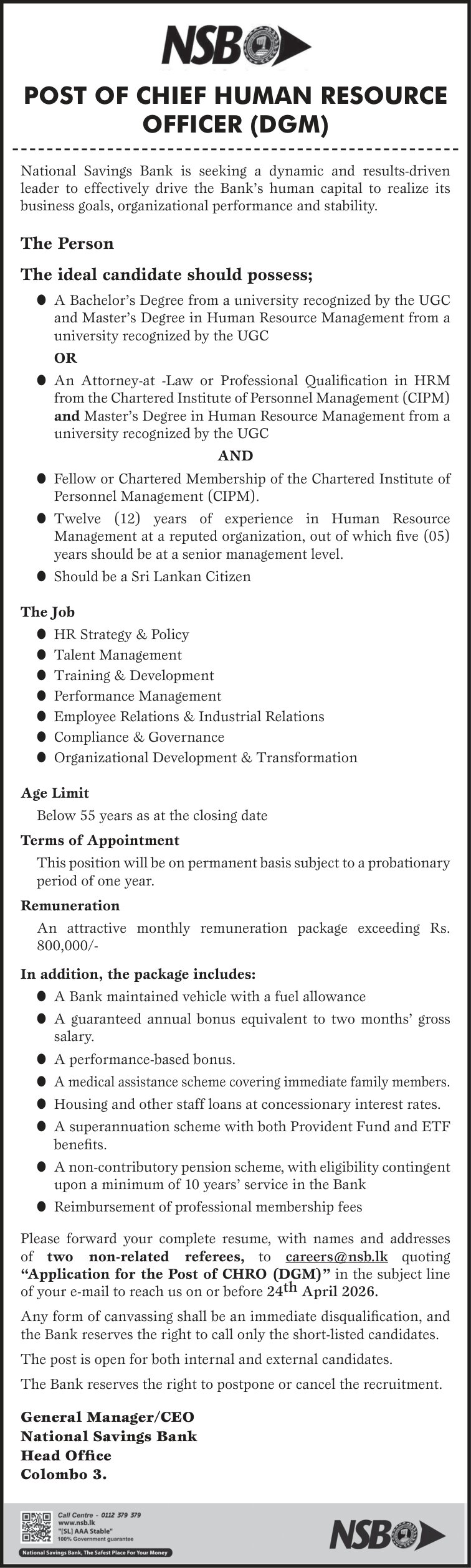 Chief Human Resource Officer - National Savings Bank