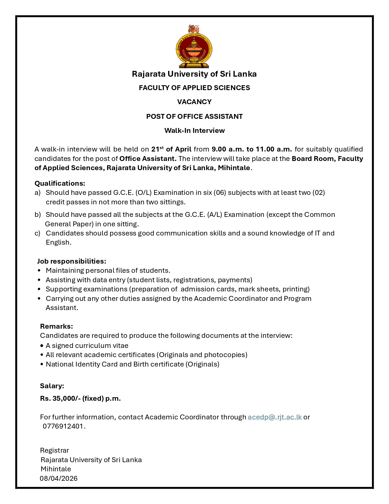 Office Assistant - Rajarata University of Sri Lanka