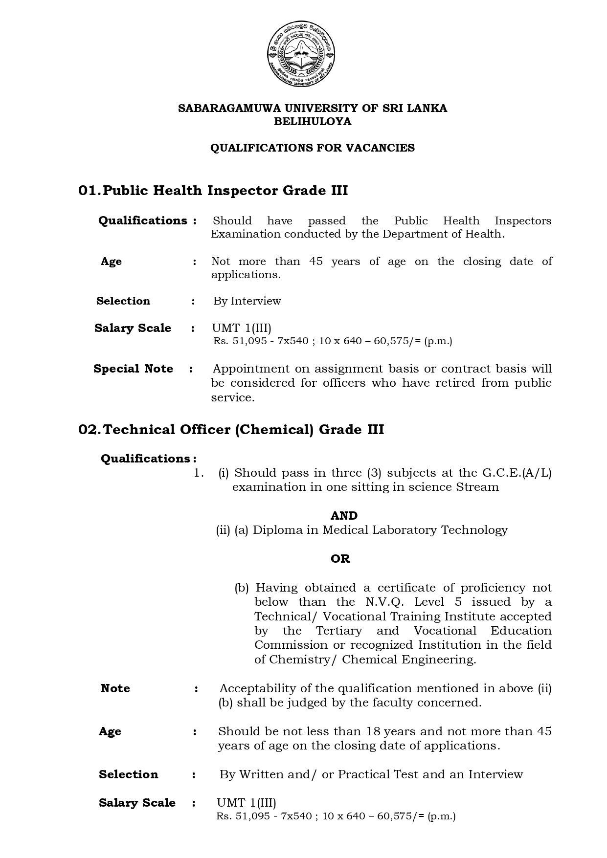 Management Assistant, Public Health Inspector, Technical Officer (Chemical, ICT, Mechanical), Draughtsman, Craft Demonstrator (Welder), Postmortem Labourer, Electrician - Sabaragamuwa University of Sri Lanka