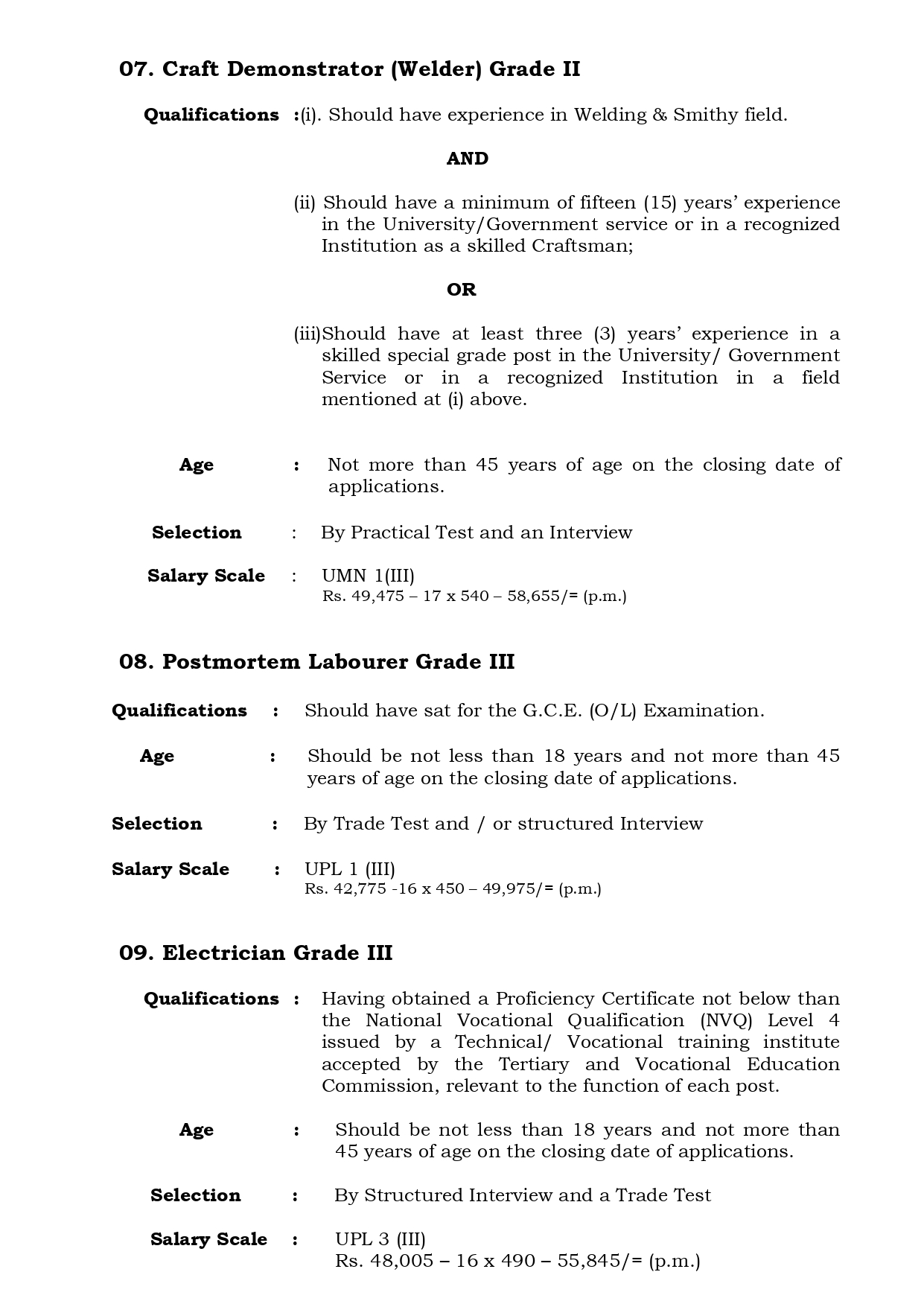Management Assistant, Public Health Inspector, Technical Officer (Chemical, ICT, Mechanical), Draughtsman, Craft Demonstrator (Welder), Postmortem Labourer, Electrician - Sabaragamuwa University of Sri Lanka