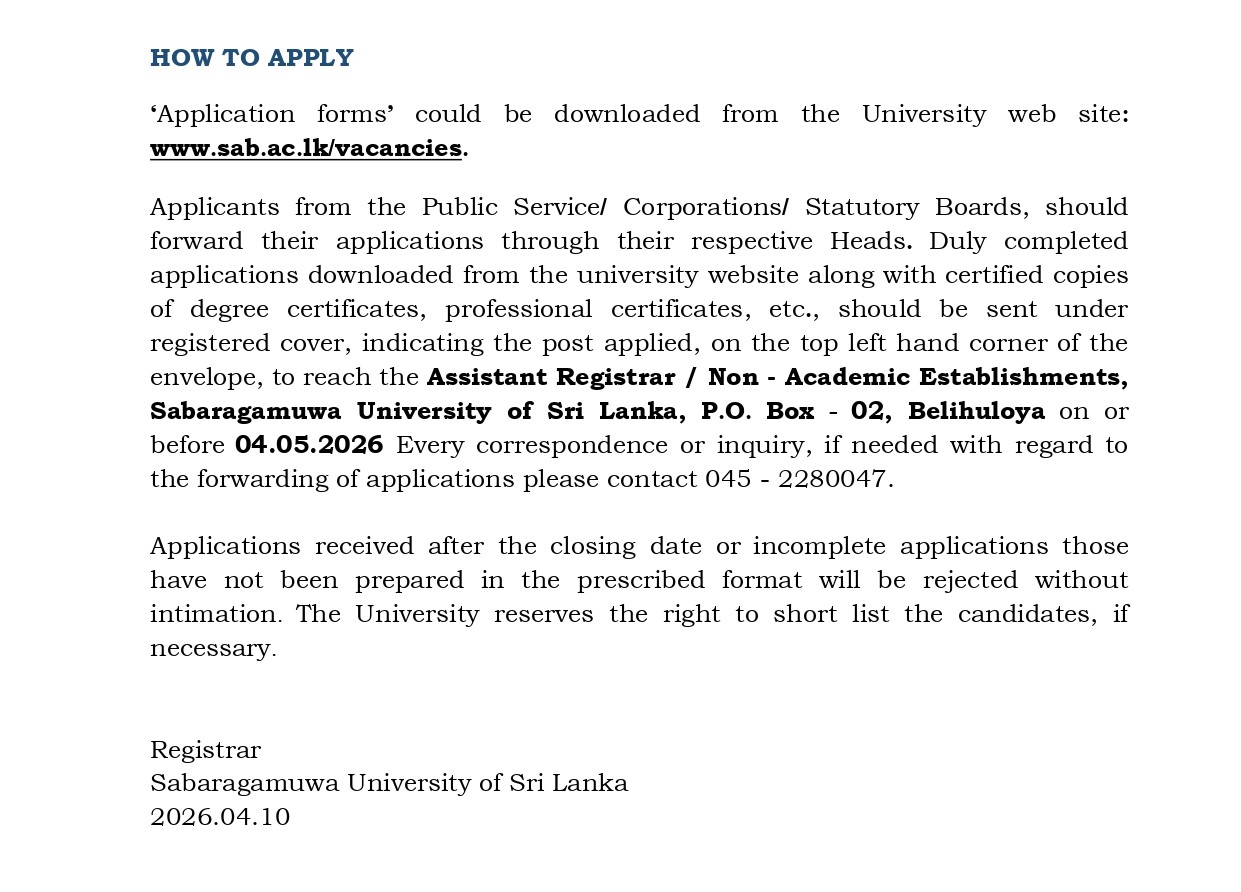 Management Assistant, Public Health Inspector, Technical Officer (Chemical, ICT, Mechanical), Draughtsman, Craft Demonstrator (Welder), Postmortem Labourer, Electrician - Sabaragamuwa University of Sri Lanka