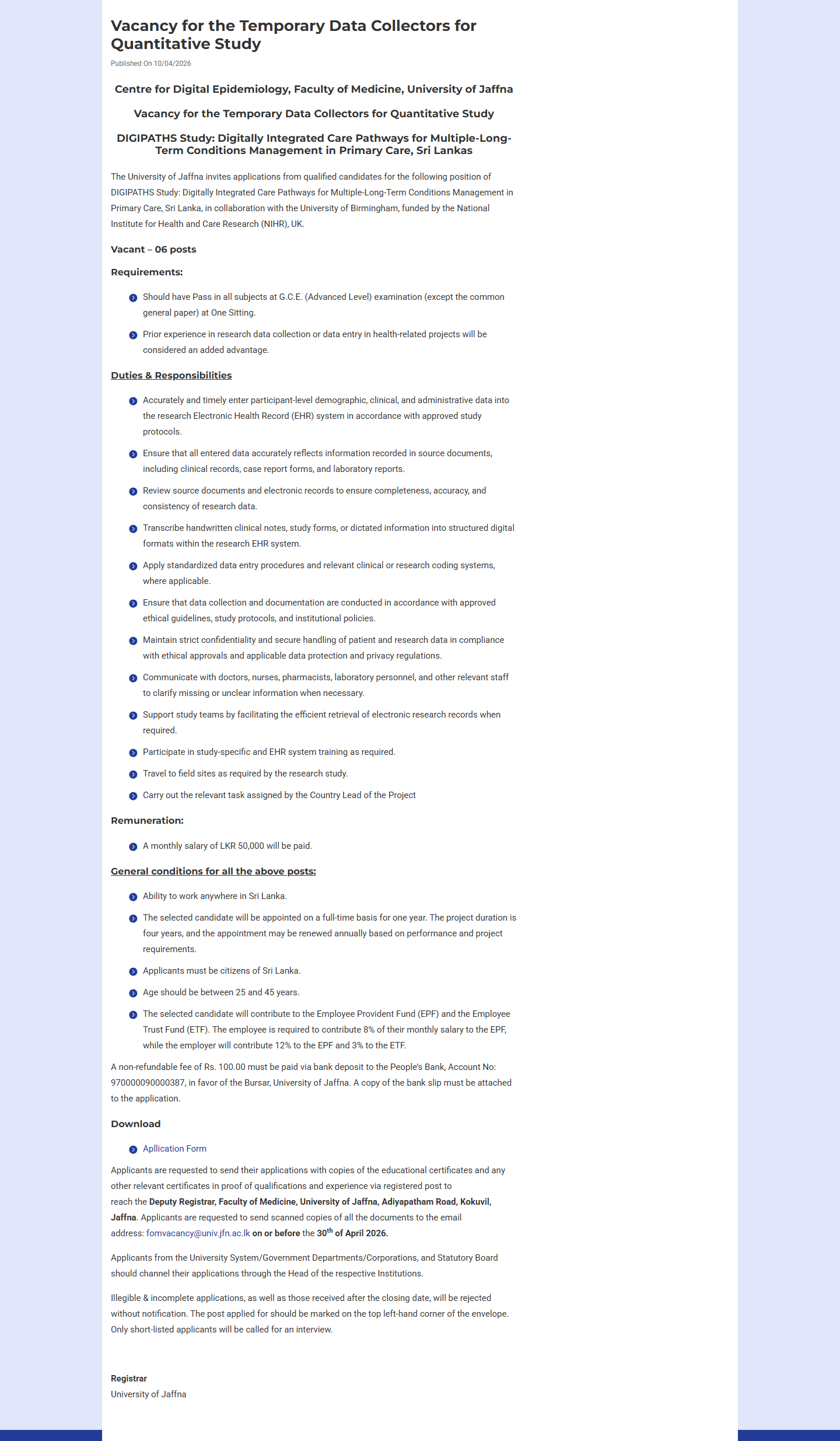 Temporary Data Collector - University of Jaffna