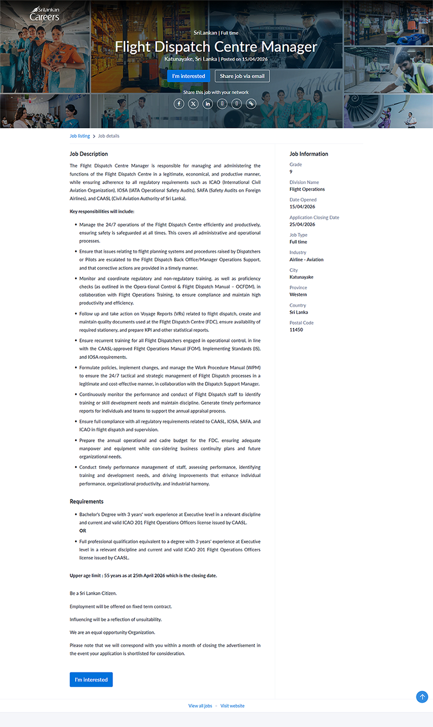 Flight Dispatch Centre Manager - SriLankan Airlines Limited