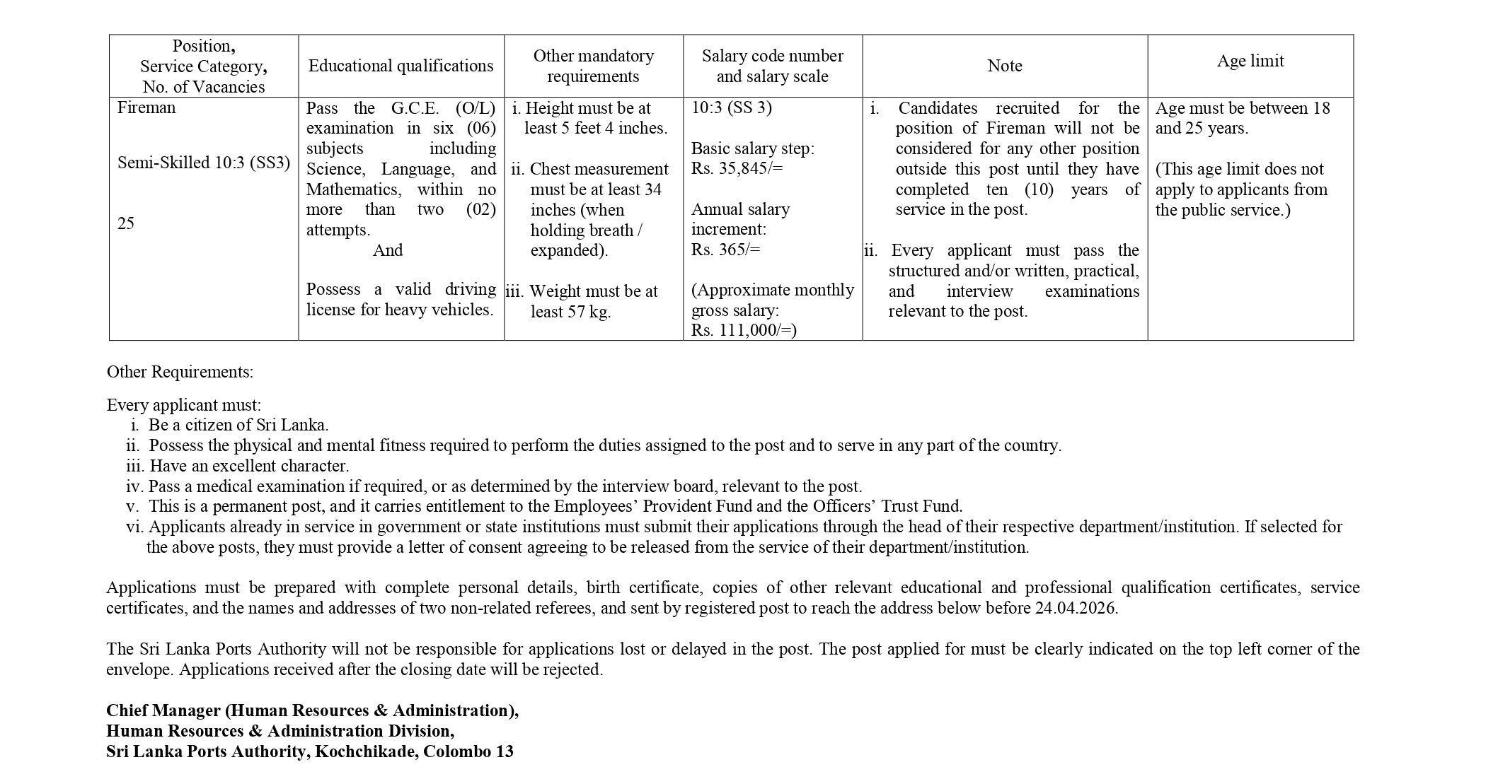 Port Security Guard, Fireman - Sri Lanka Ports Authority