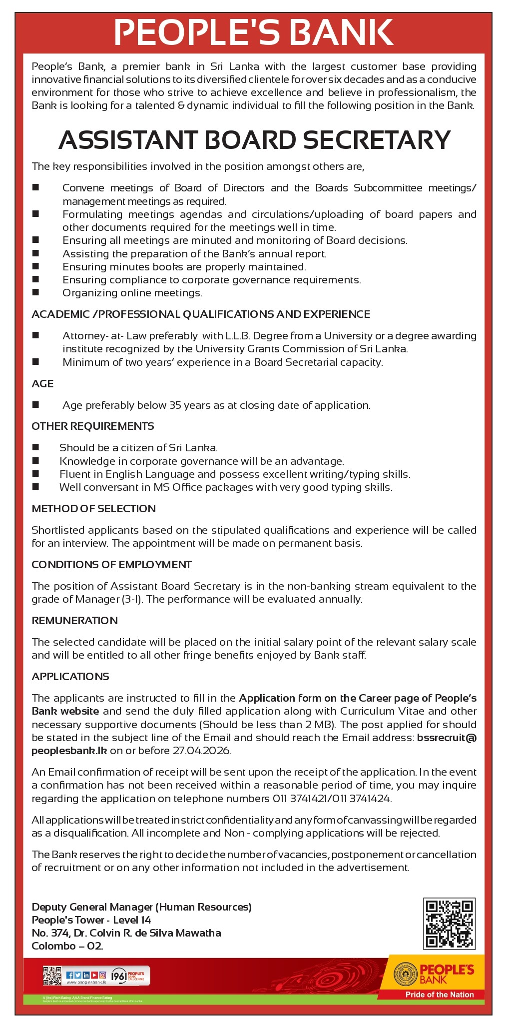 Assistant Board Secretary - People’s Bank