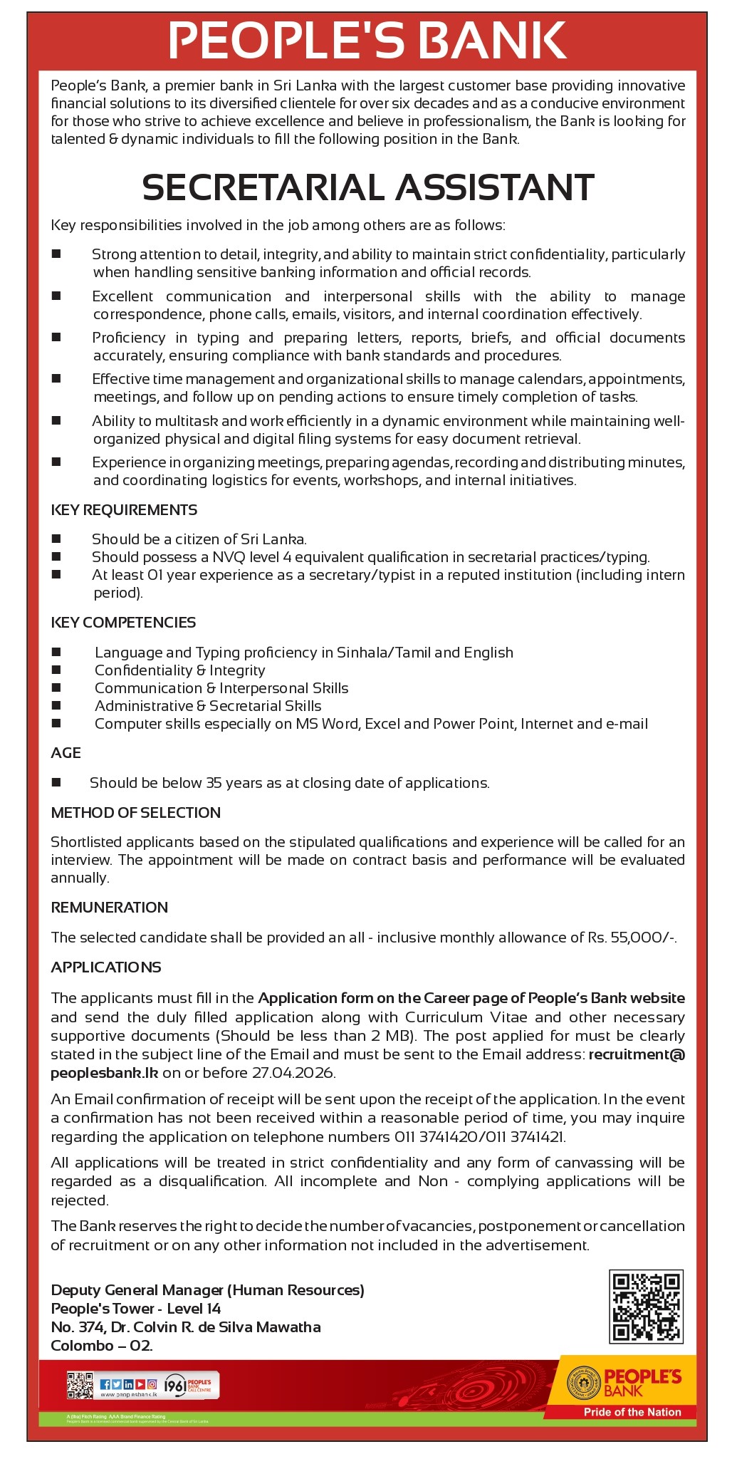 Secretarial Assistant - People’s Bank