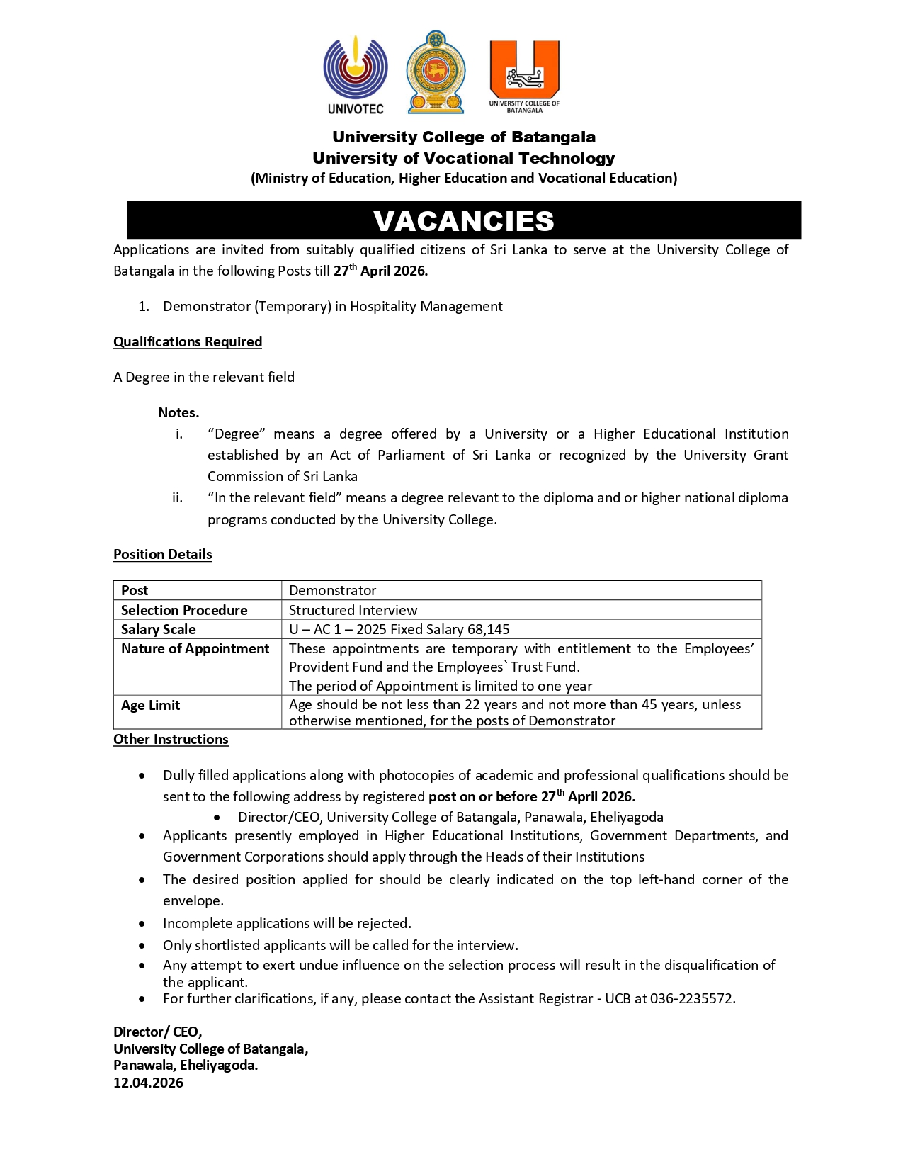 Demonstrator (Temporary) - University College of Batangala - University of Vocational Technology