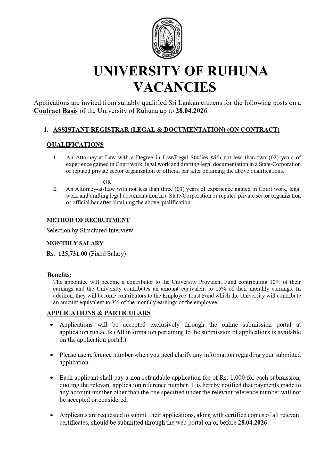Assistant Registrar (Legal & Documentation) - University of Ruhuna