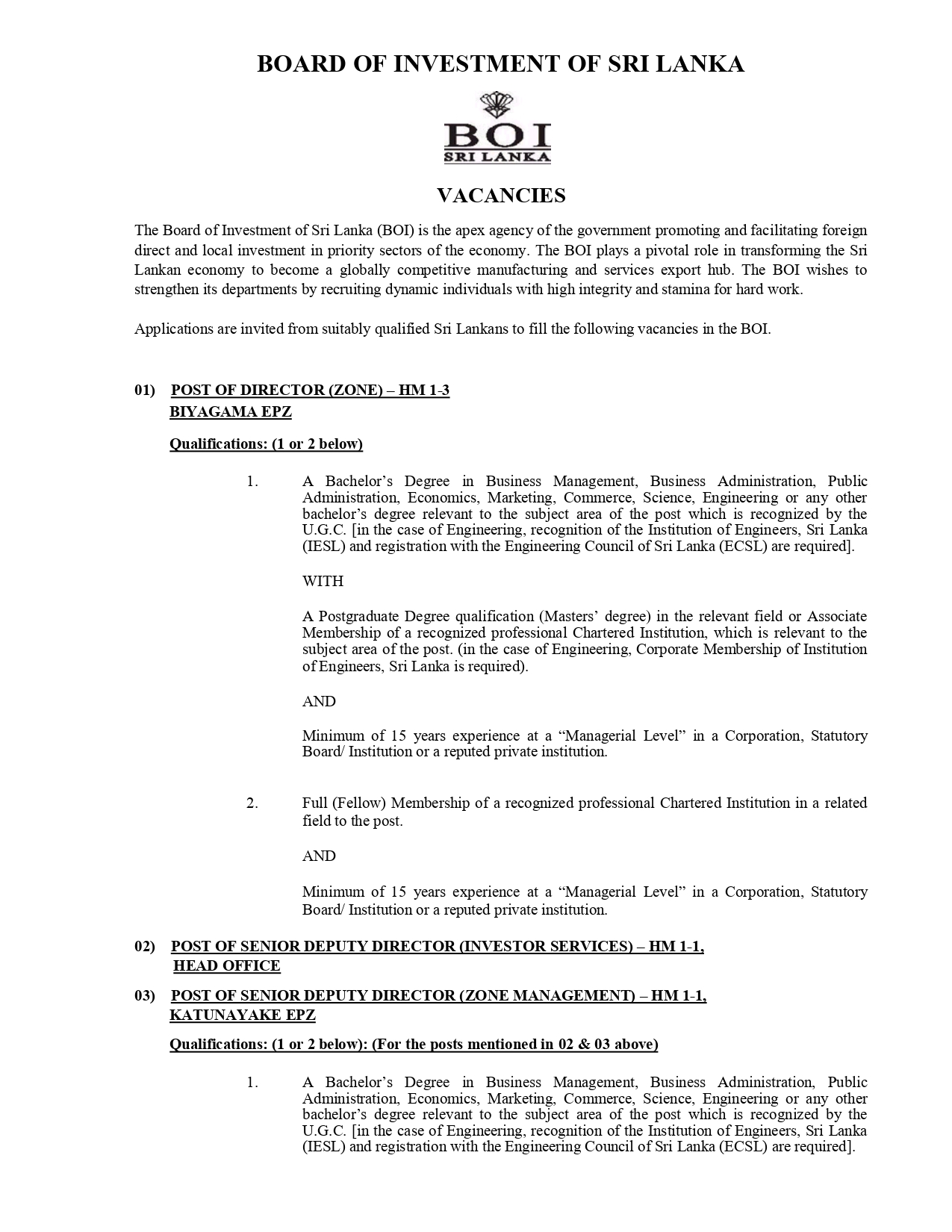 Director, Senior Deputy Director, Assistant Director, Zone Management Officer, Accounts Officer - Board of Investment of Sri Lanka