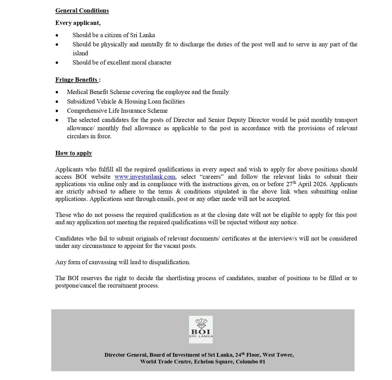 Director, Senior Deputy Director, Assistant Director, Zone Management Officer, Accounts Officer - Board of Investment of Sri Lanka