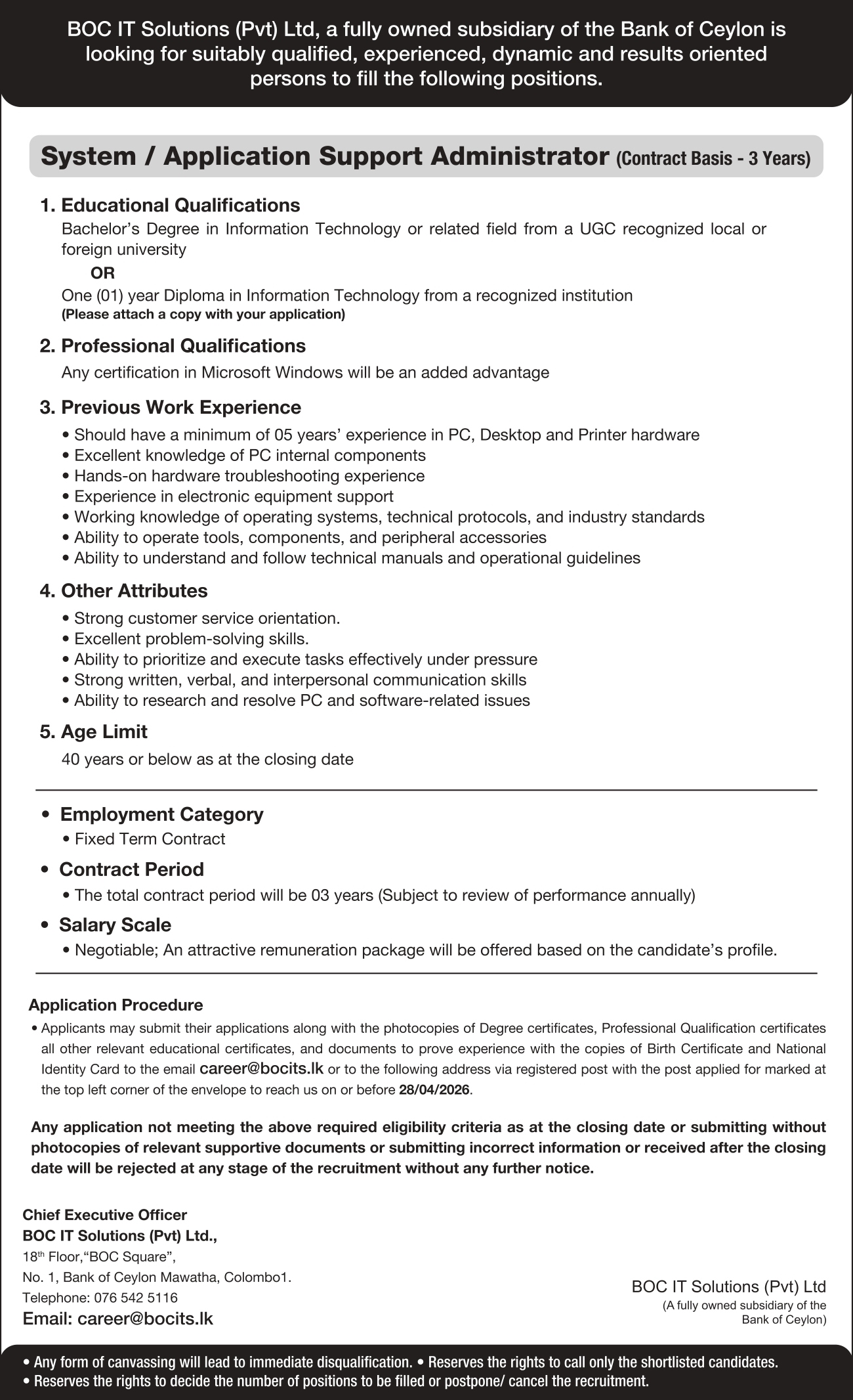 System/Application Support Administrator, Technical Support Administrator, IT Service Desk Analyst - BOC IT Solution (PVT) Ltd