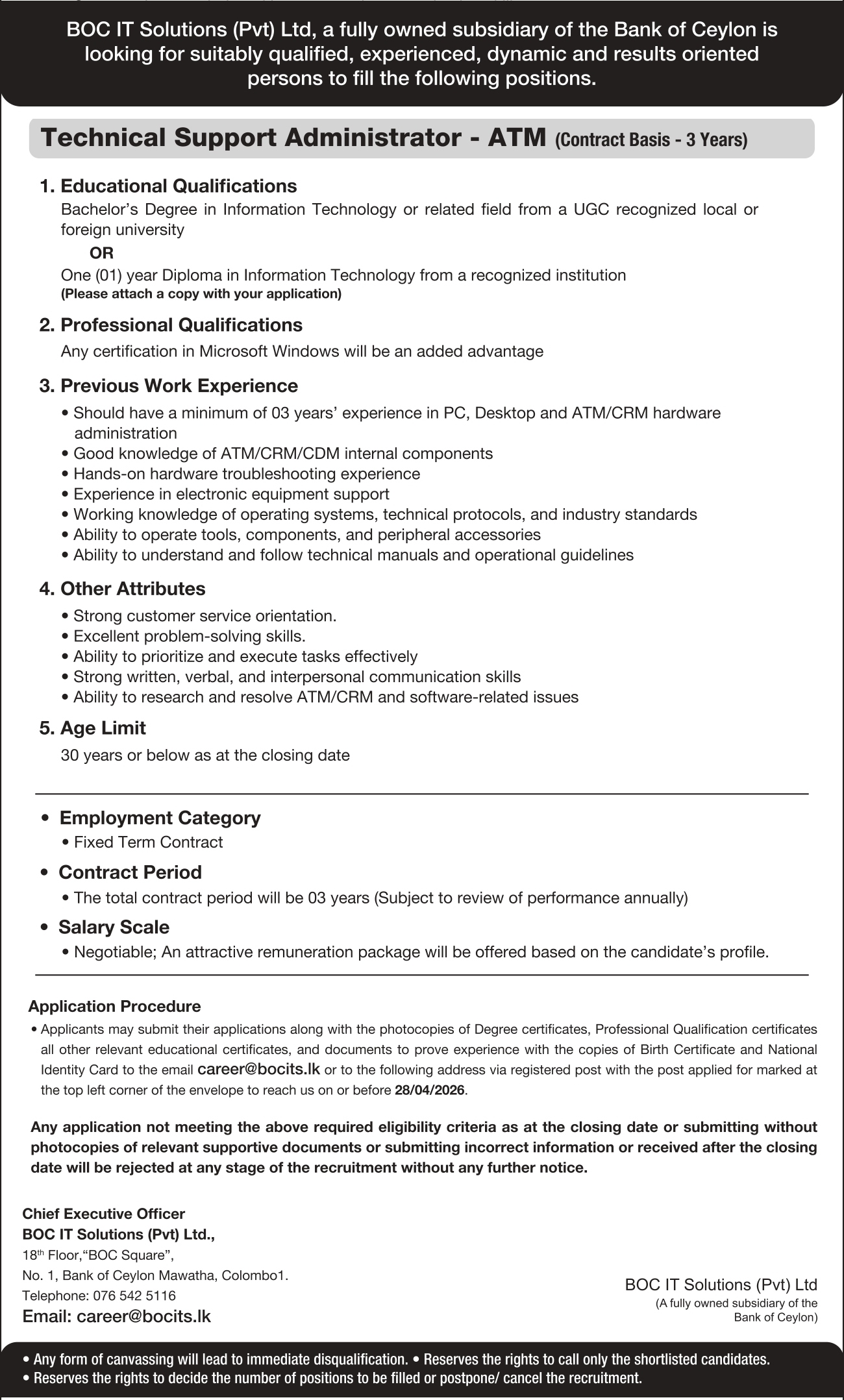 System/Application Support Administrator, Technical Support Administrator, IT Service Desk Analyst - BOC IT Solution (PVT) Ltd