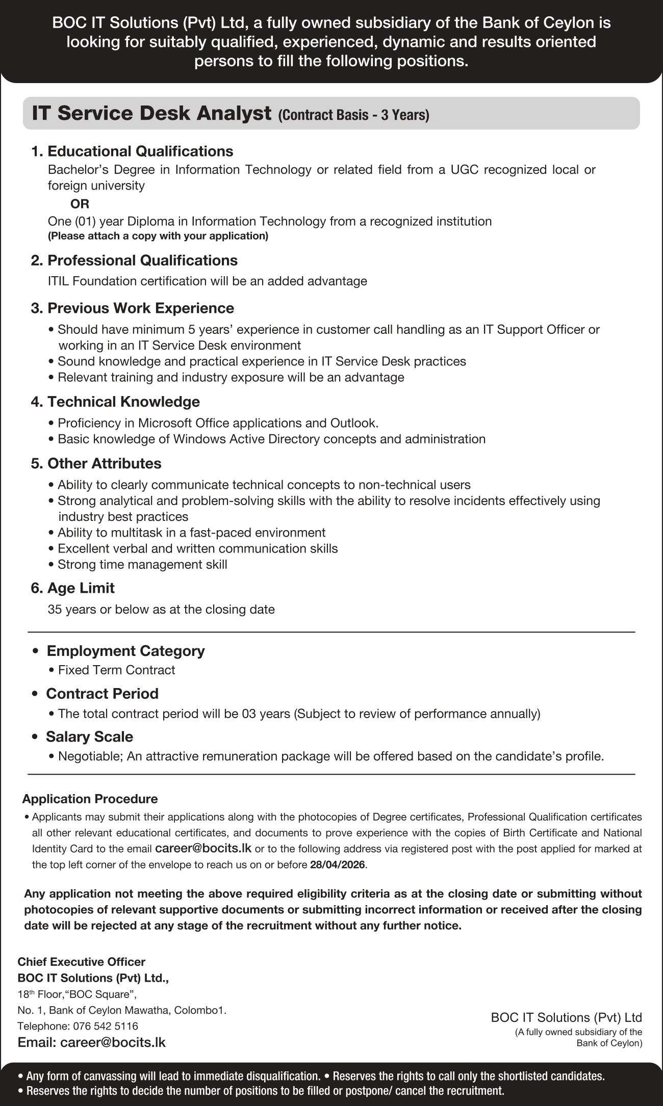 System/Application Support Administrator, Technical Support Administrator, IT Service Desk Analyst - BOC IT Solution (PVT) Ltd