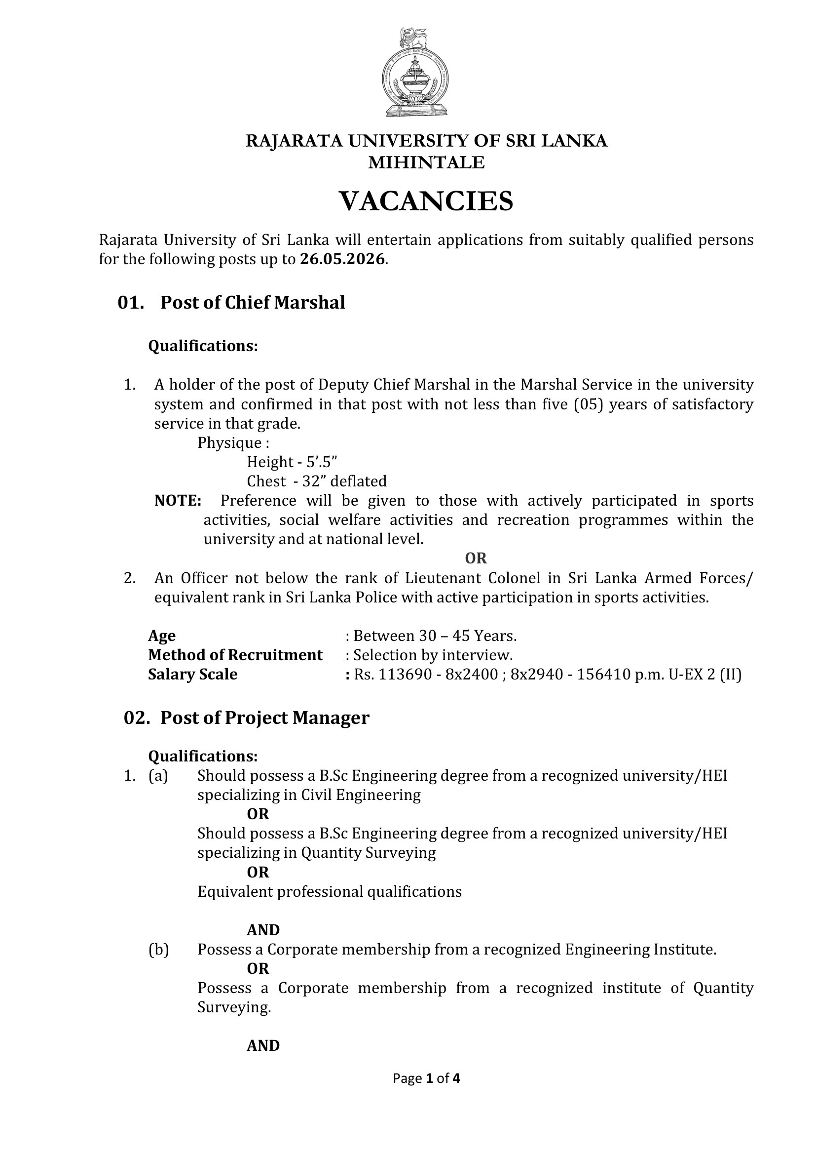 Chief Marshal, Project Manager, Security Inspector, Technical Officer (Audio Visual), Nursing Officer, Pharmacist, Supervisor (Electrical) - Rajarata University of Sri Lanka