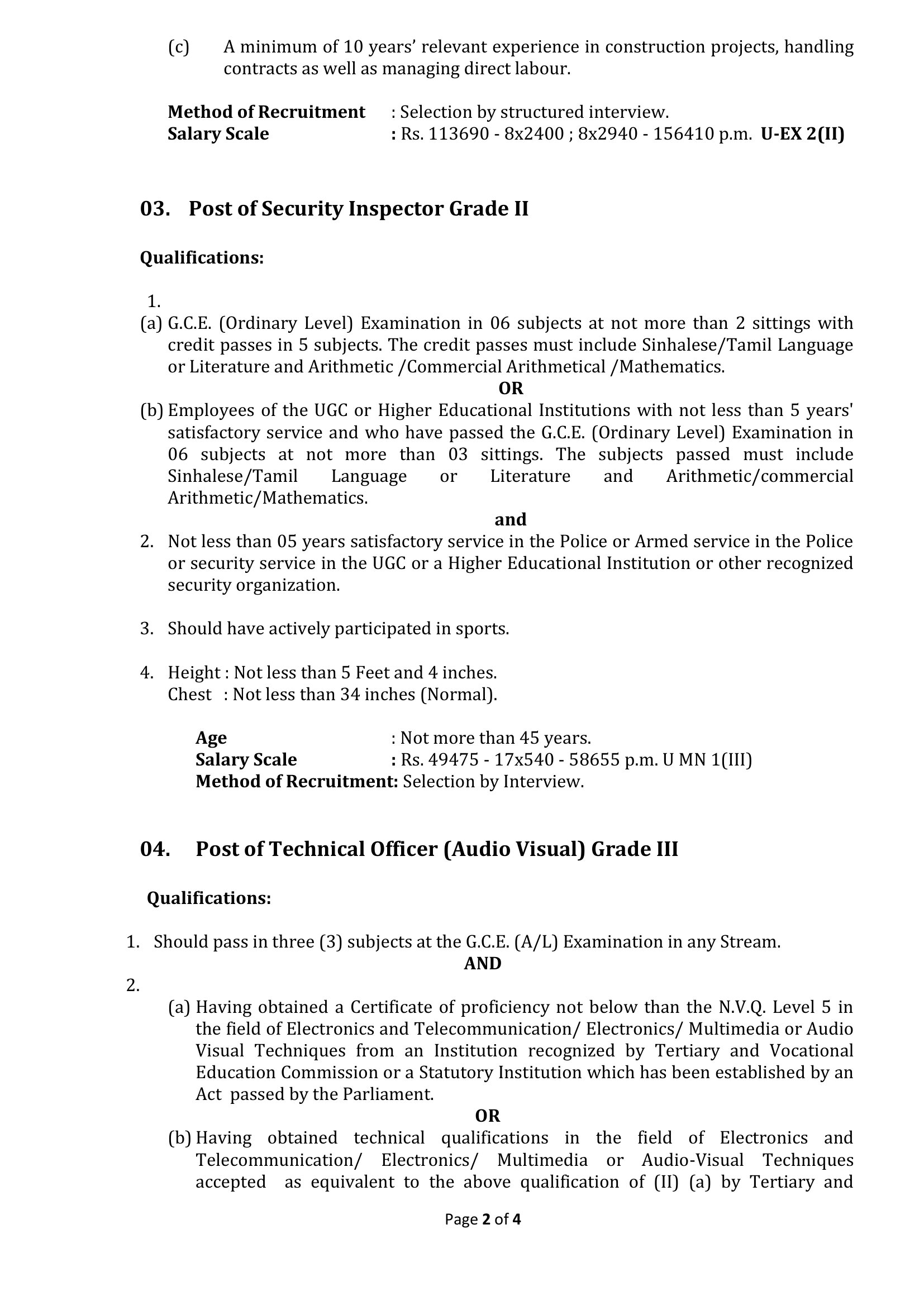 Chief Marshal, Project Manager, Security Inspector, Technical Officer (Audio Visual), Nursing Officer, Pharmacist, Supervisor (Electrical) - Rajarata University of Sri Lanka