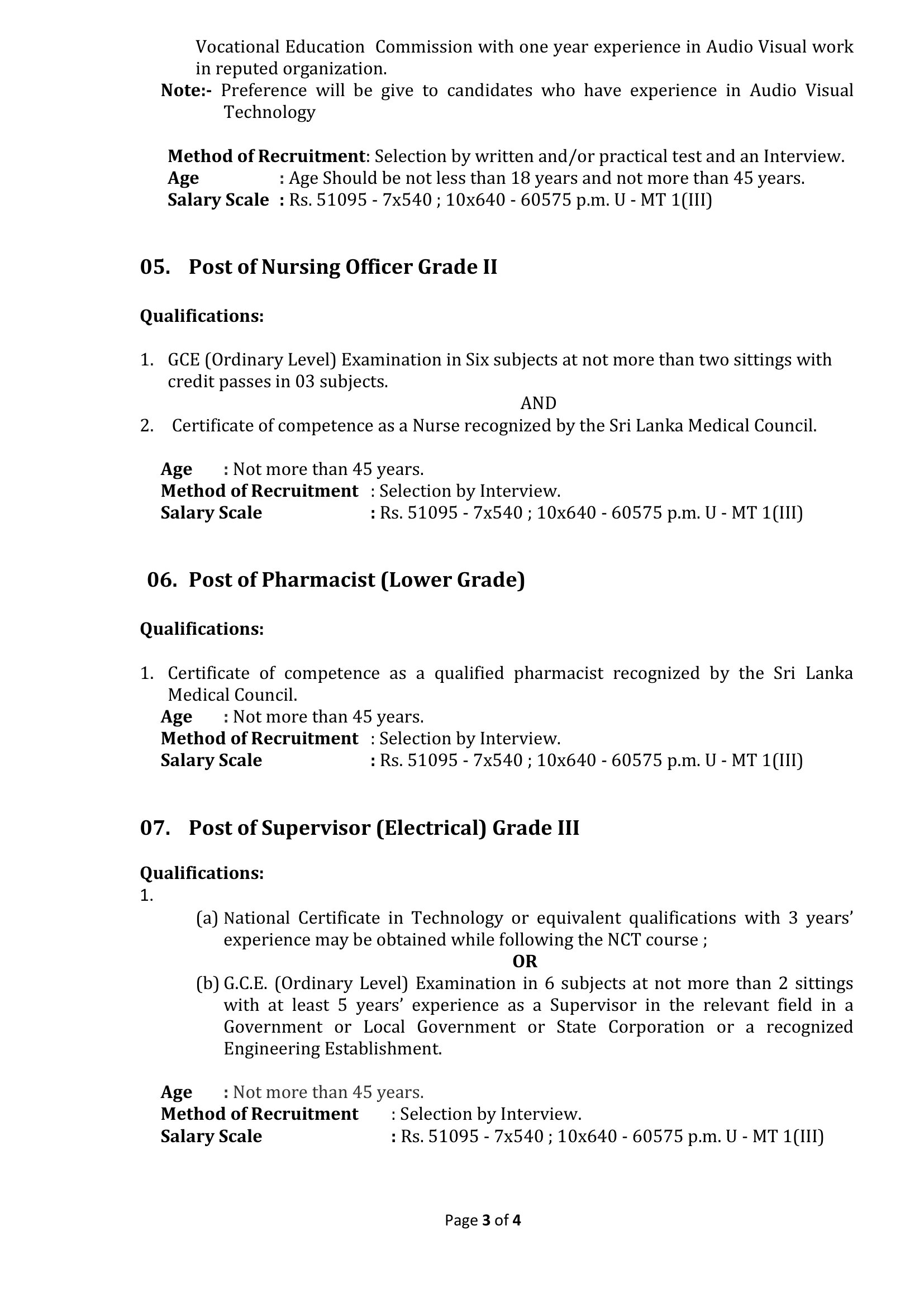 Chief Marshal, Project Manager, Security Inspector, Technical Officer (Audio Visual), Nursing Officer, Pharmacist, Supervisor (Electrical) - Rajarata University of Sri Lanka