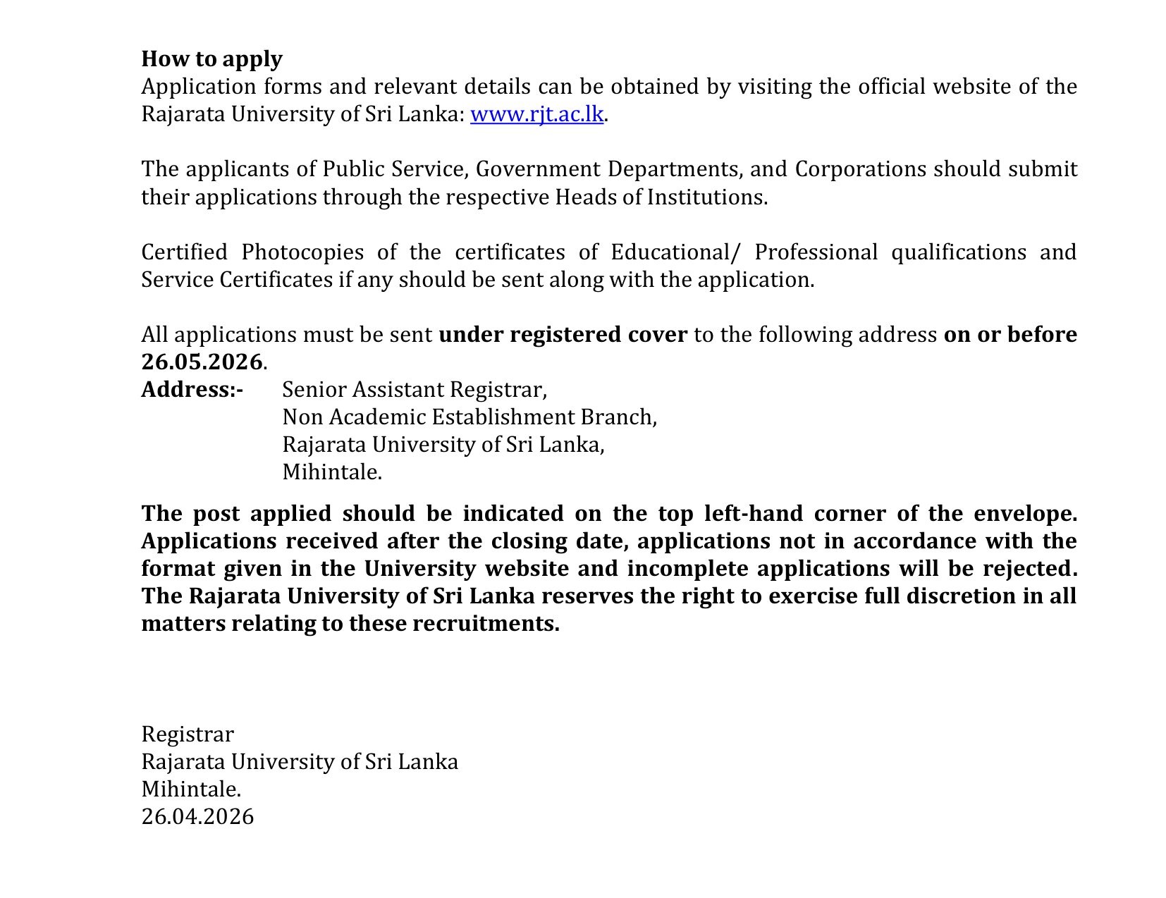 Chief Marshal, Project Manager, Security Inspector, Technical Officer (Audio Visual), Nursing Officer, Pharmacist, Supervisor (Electrical) - Rajarata University of Sri Lanka