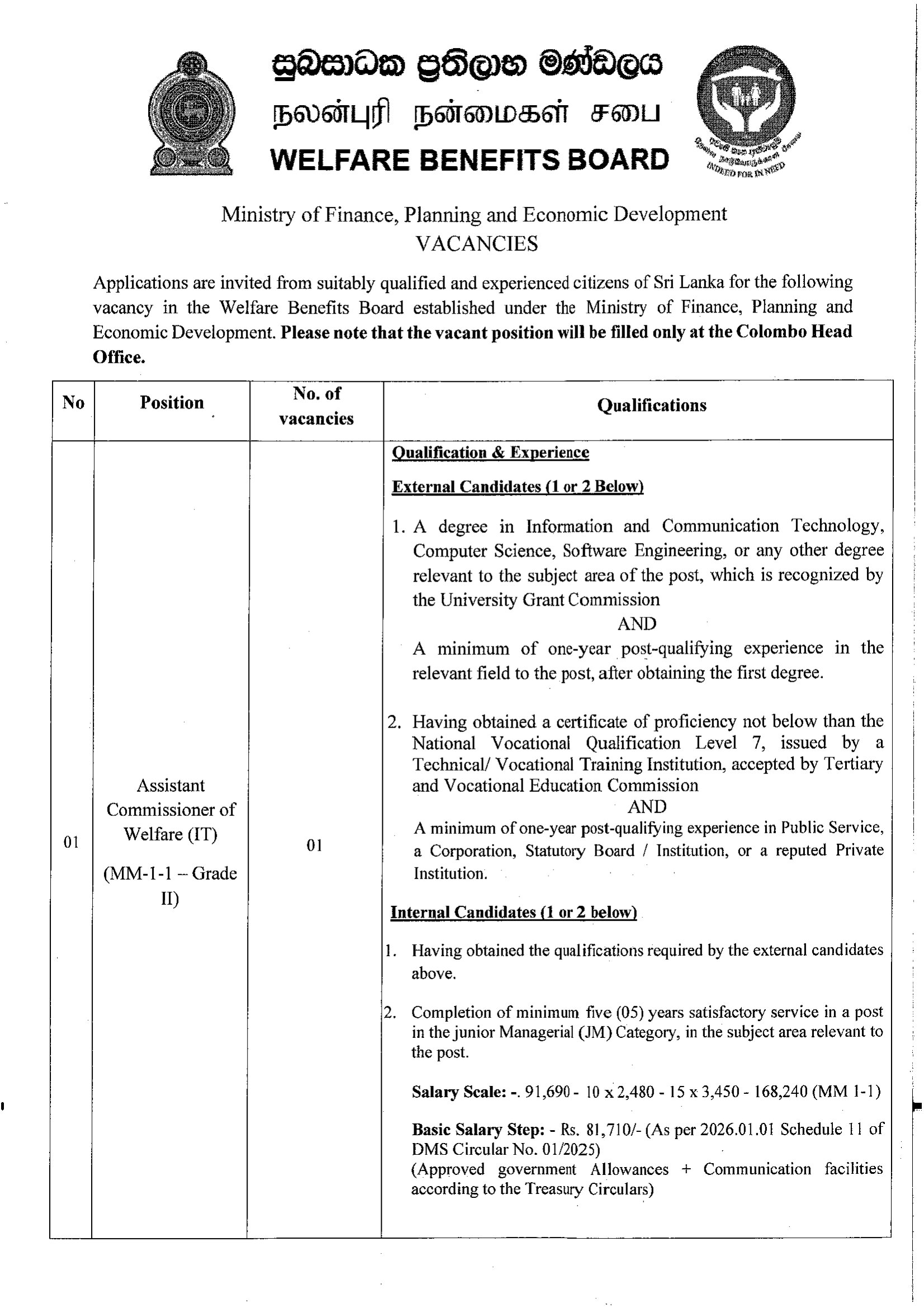 Assistant Commissioner of Welfare (IT) - Welfare Benefits Board
