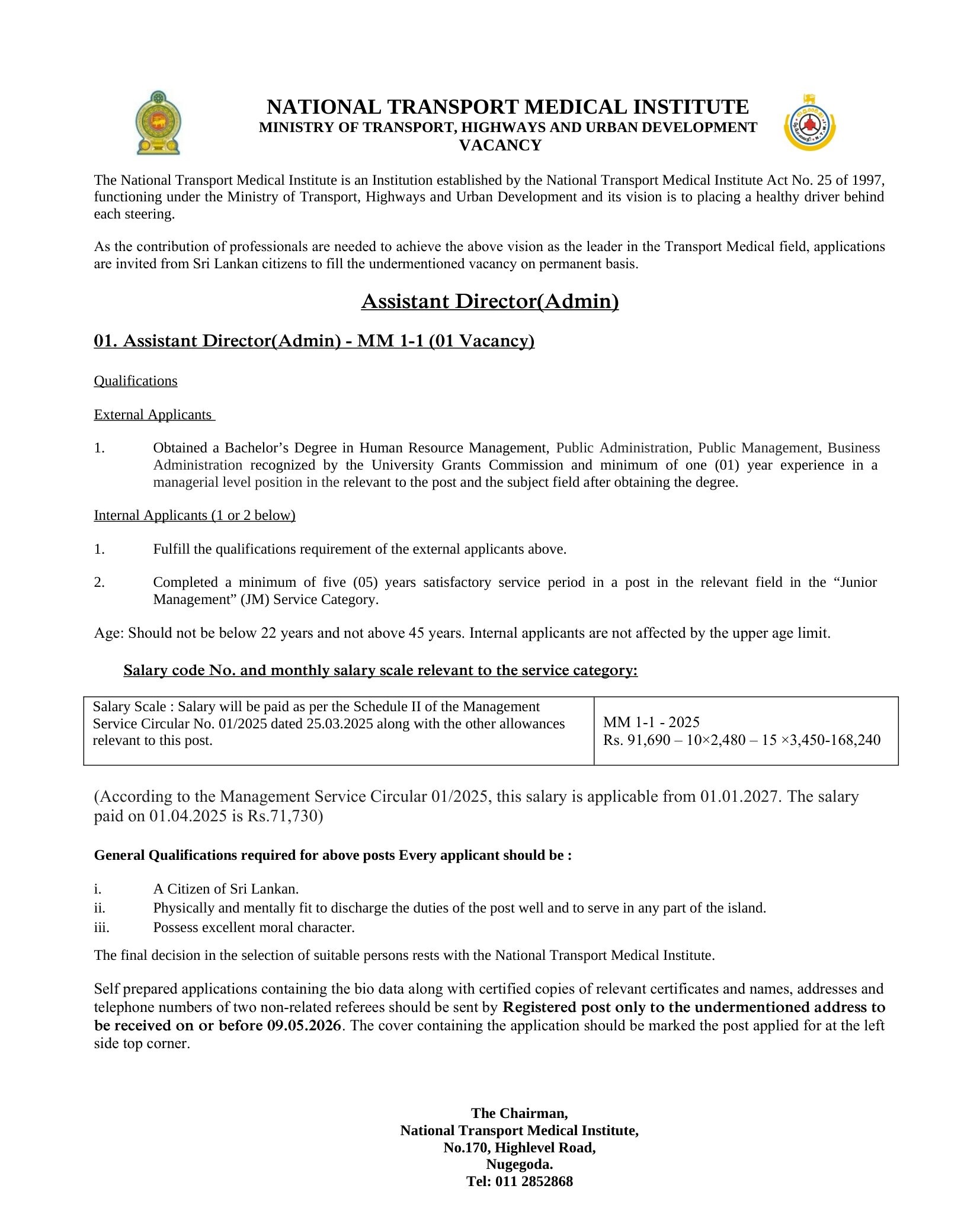 Assistant Director (Admin) - National Transport Medical Institute