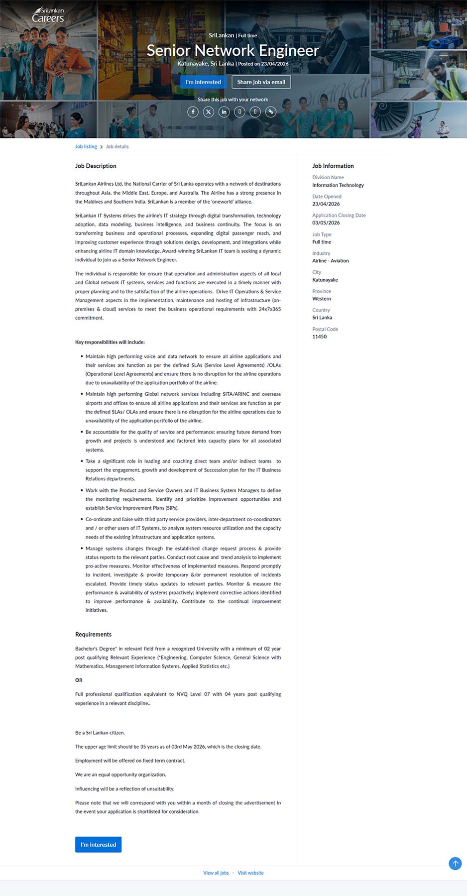 Senior Network Engineer - SriLankan Airlines Limited