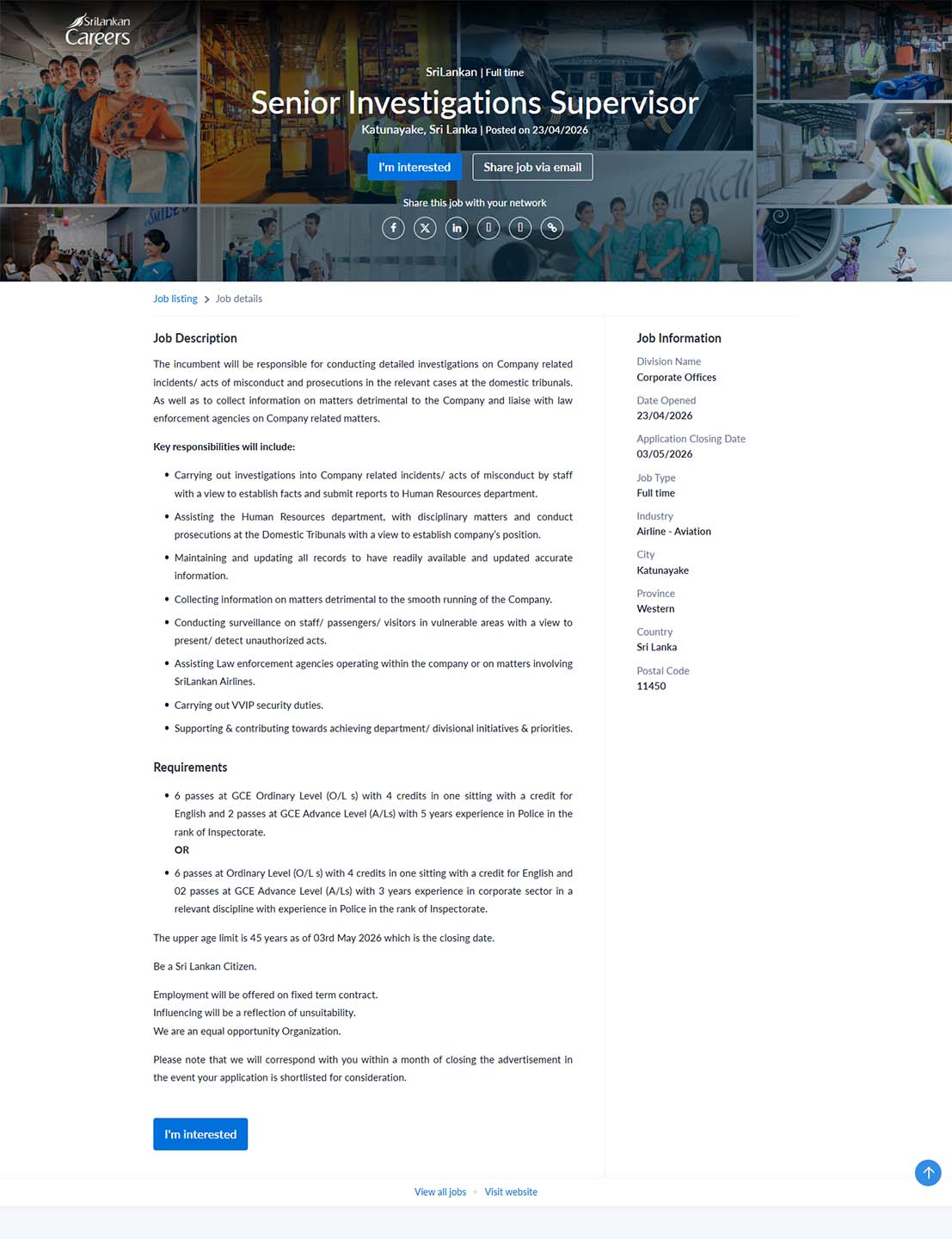 Senior Investigations Supervisor - SriLankan Airlines Limited