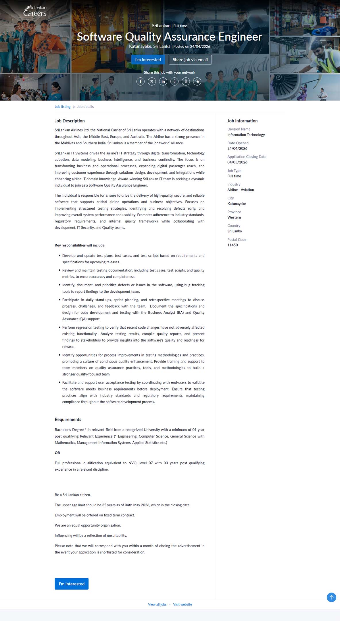 Software Quality Assurance Engineer - SriLankan Airlines Limited