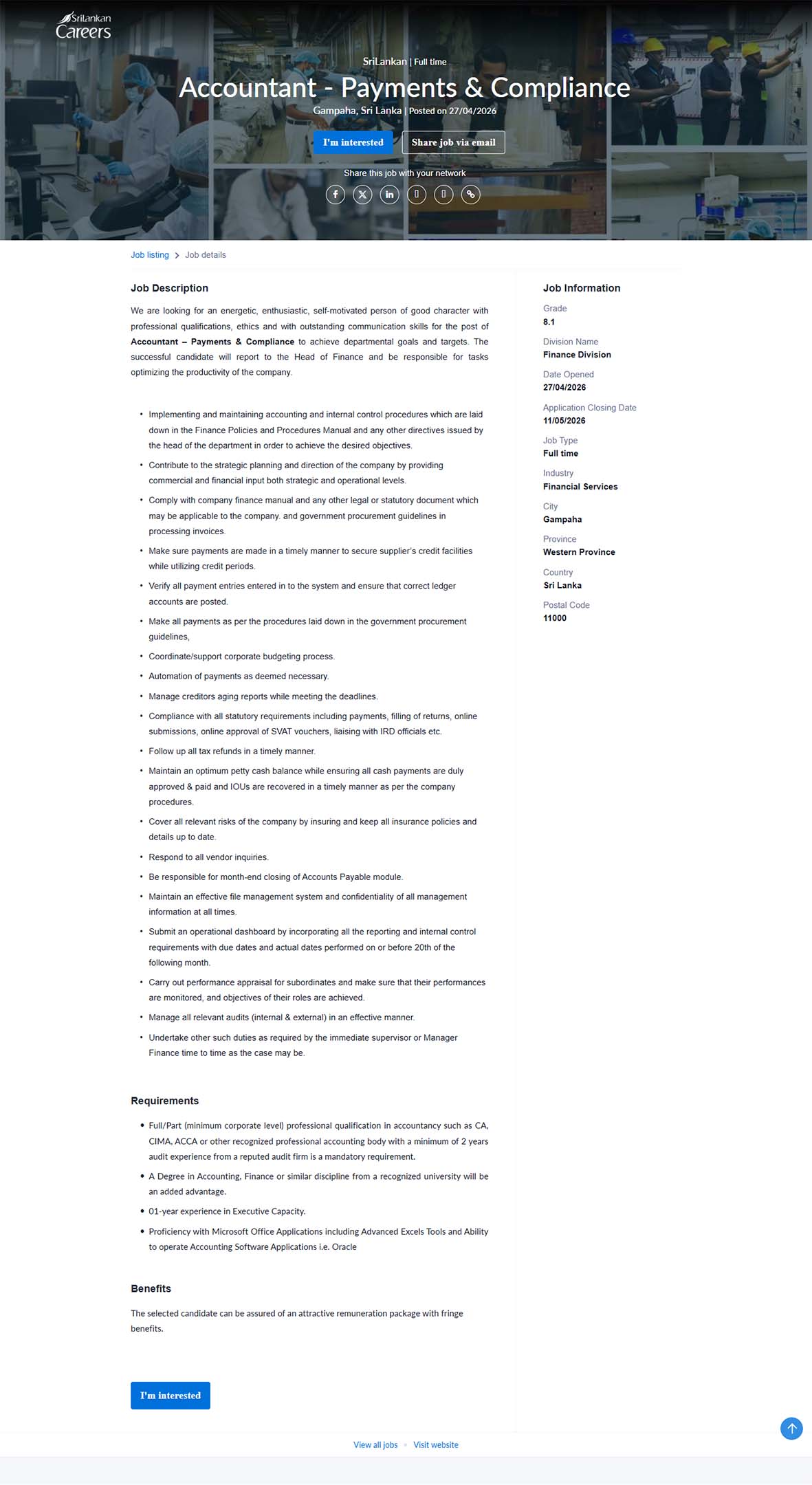 Accountant (Payments & Compliance) - SriLankan Catering