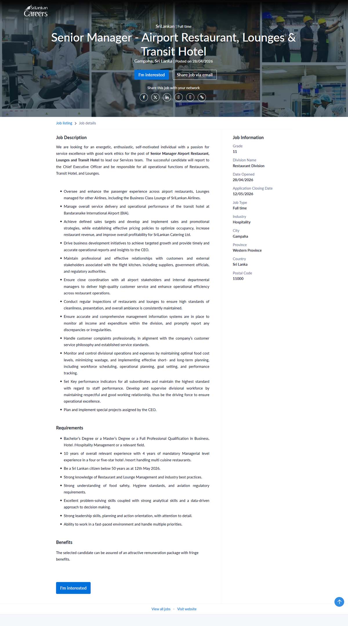 Senior Manager (Airport Restaurant, Lounges & Transit Hotel) - SriLankan Catering