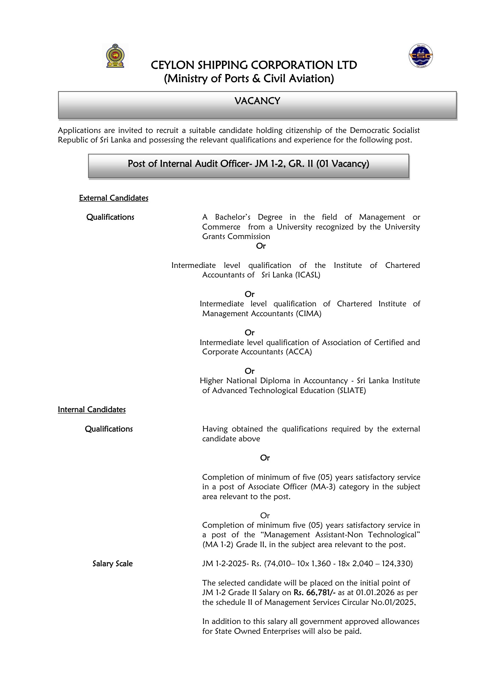 Internal Audit Officer - Ceylon Shipping Corporation Ltd
