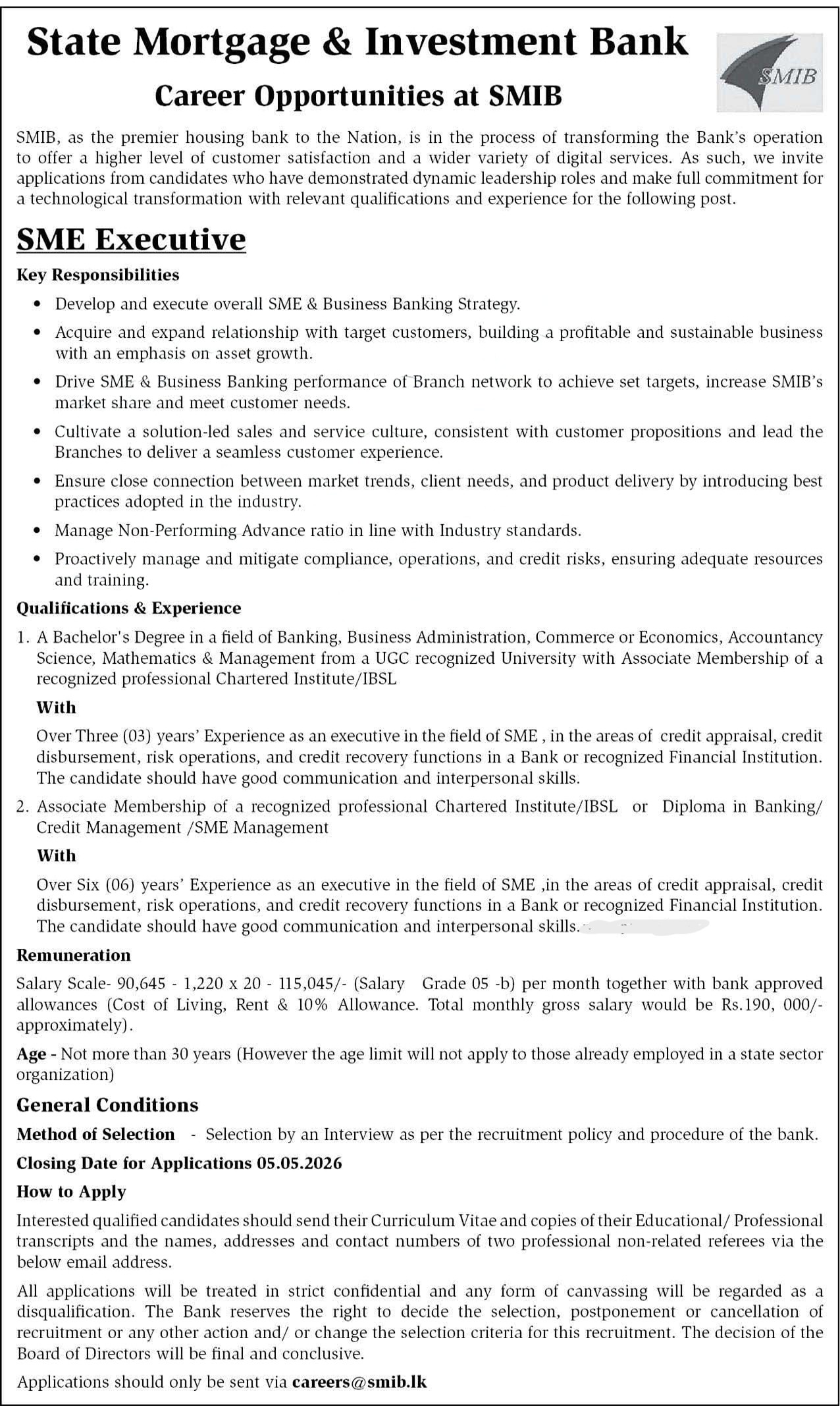 SME Executive - State Mortgage & Investment Bank