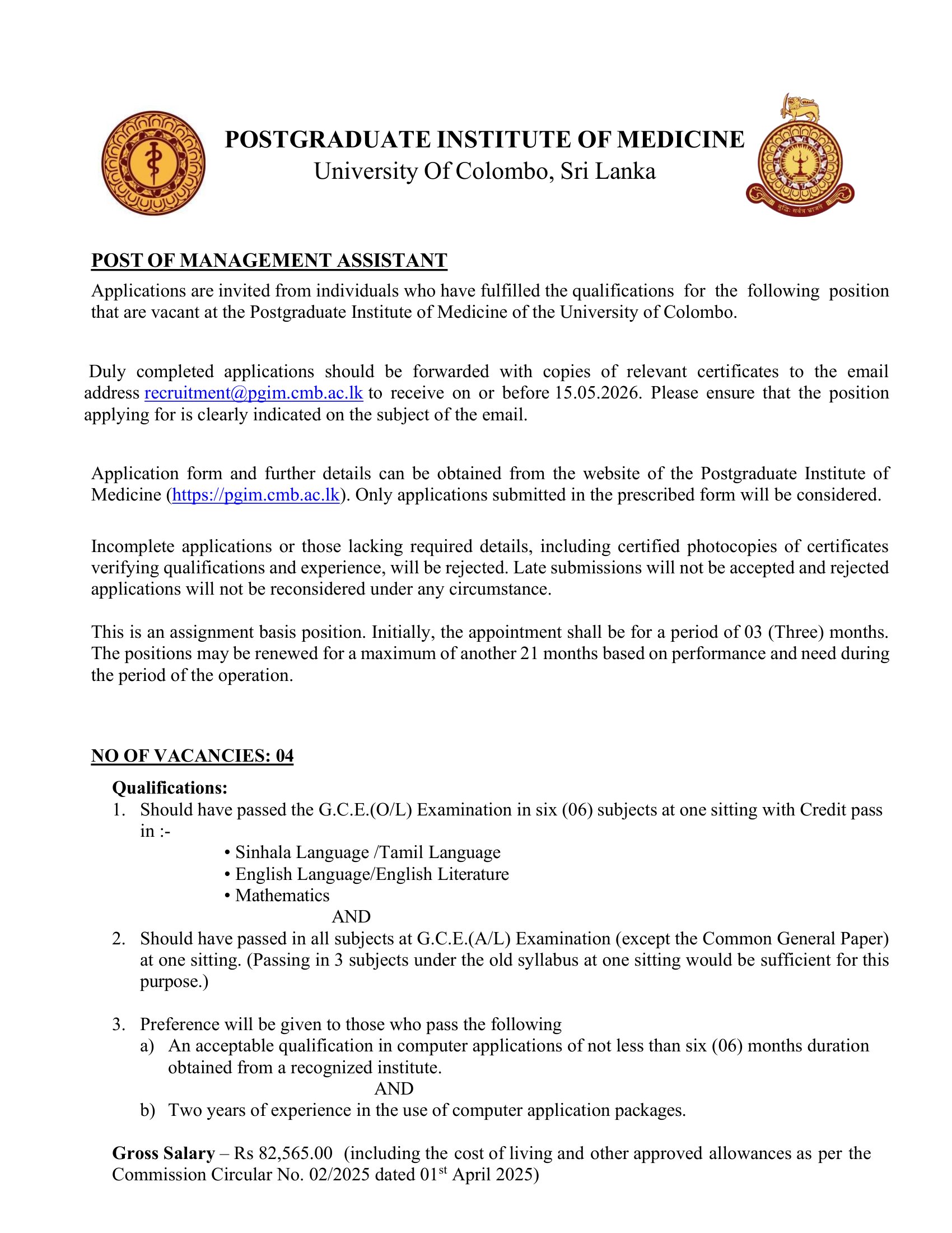 Management Assistant - Postgraduate Institute of Medicine - University of Colombo
