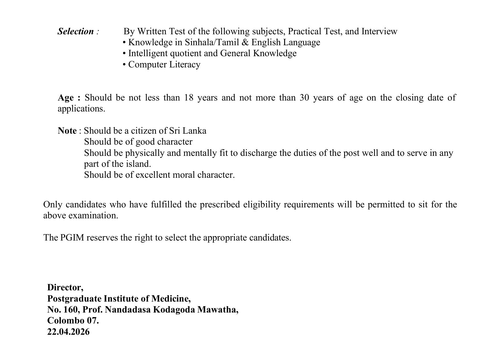 Management Assistant - Postgraduate Institute of Medicine - University of Colombo