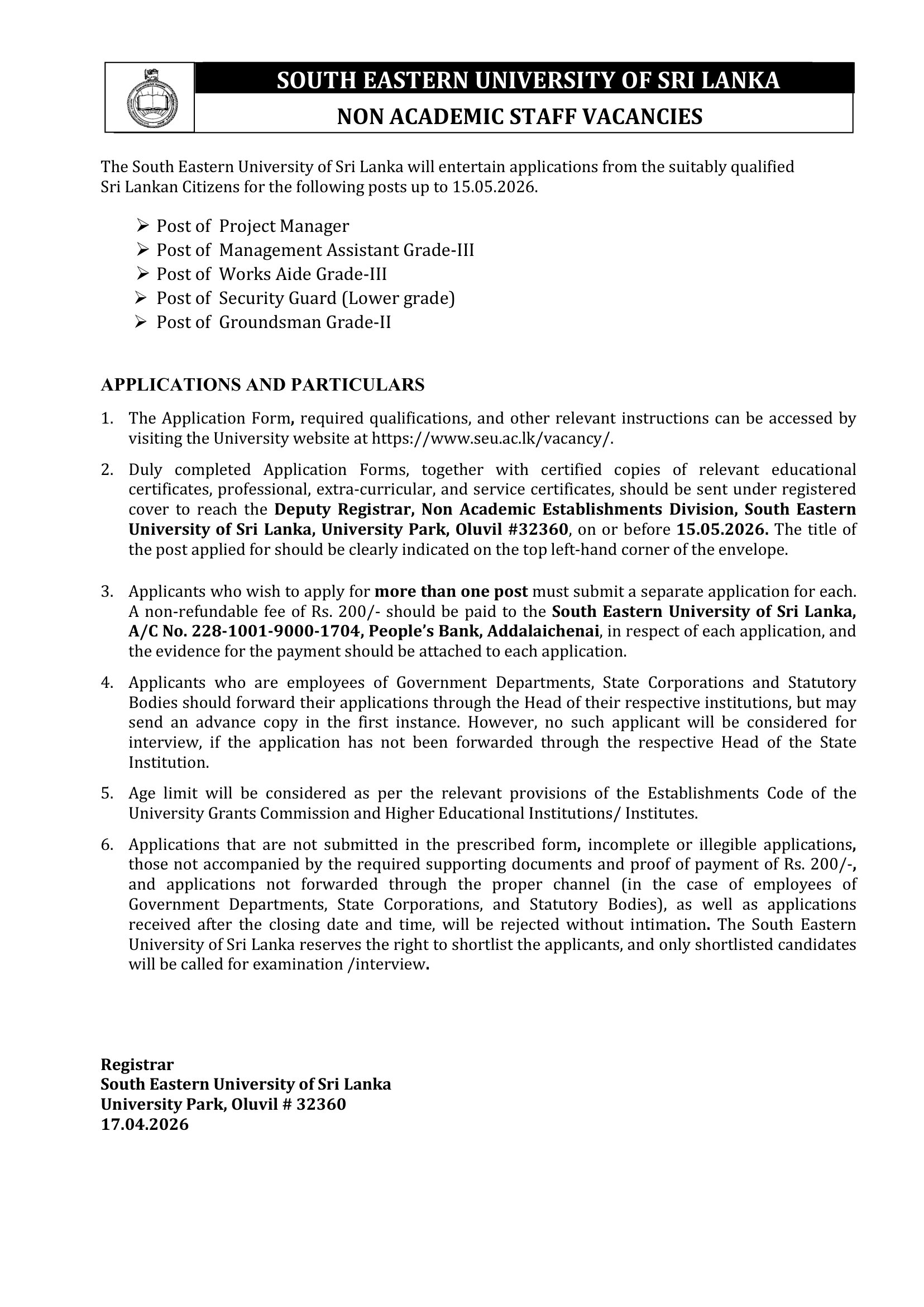 Management Assistant, Project Manager, Works Aide, Security Guard, Groundsman - South Eastern University of Sri Lanka