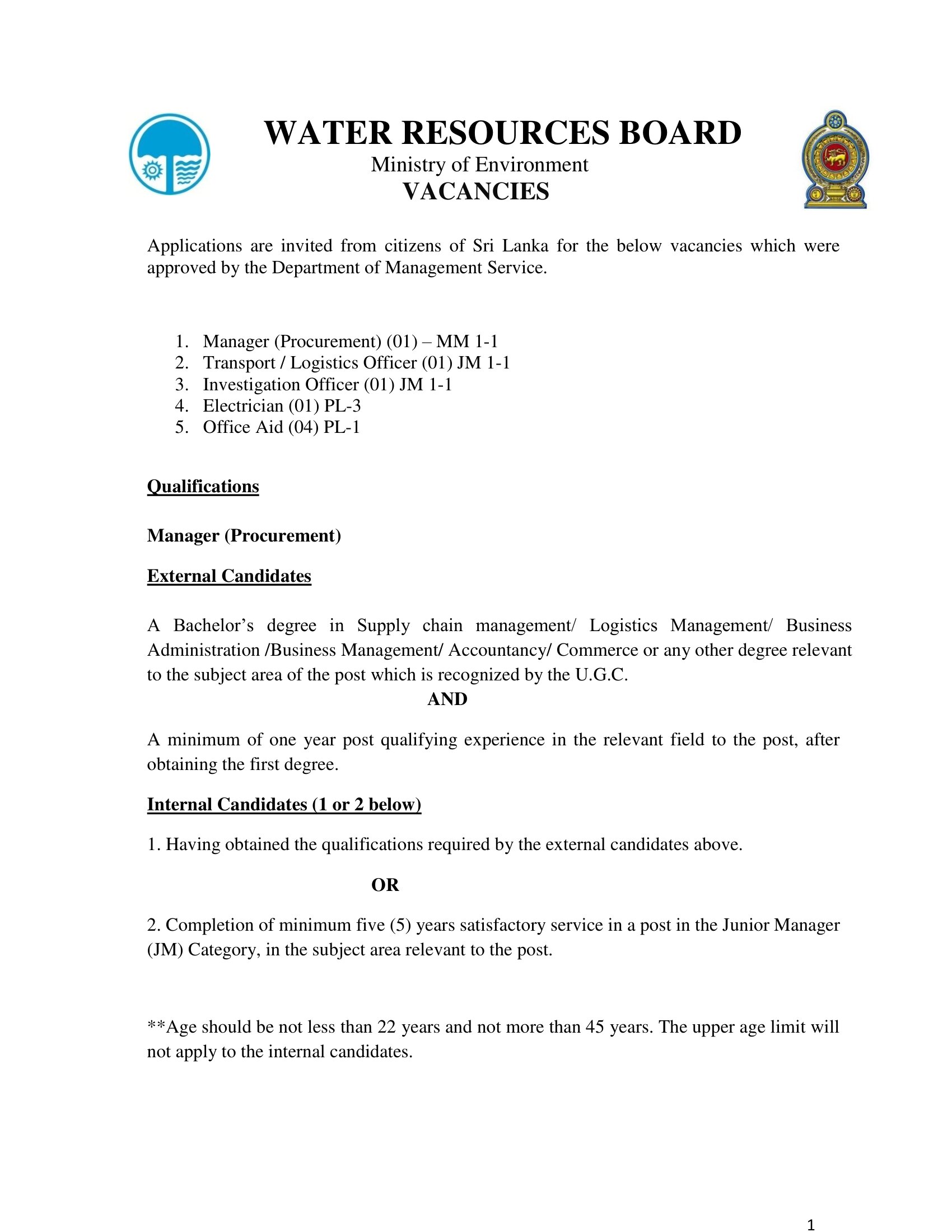 Manager (Procurement), Transport/Logistics Officer, Investigation Officer, Electrician, Office Aid - Water Resources Board