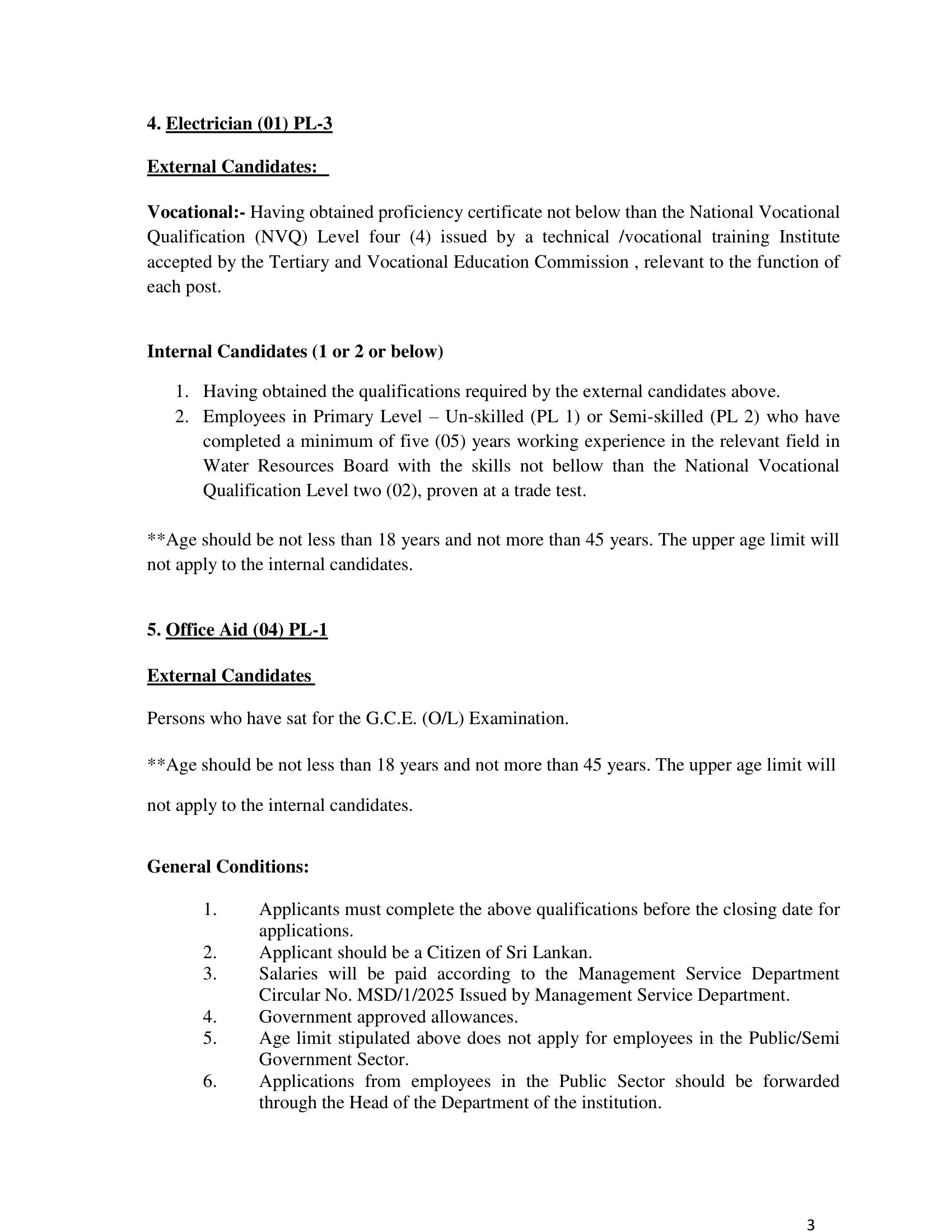 Manager (Procurement), Transport/Logistics Officer, Investigation Officer, Electrician, Office Aid - Water Resources Board