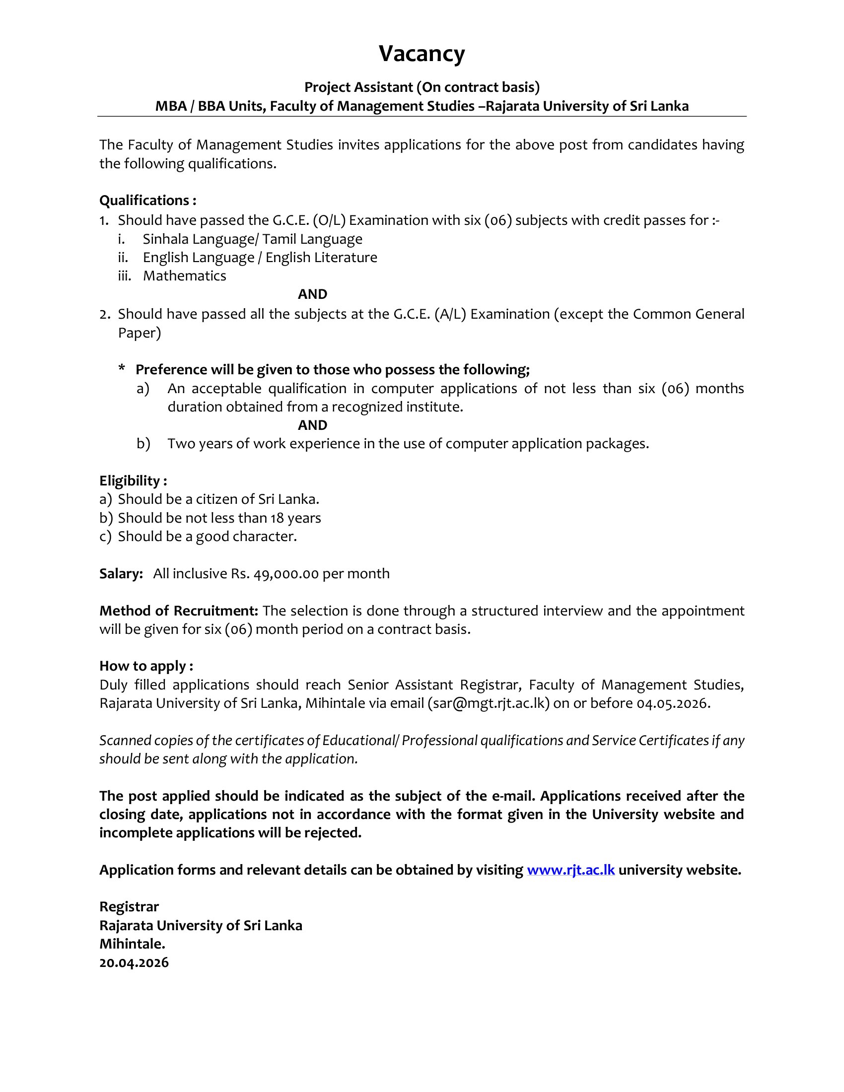 Project Assistant - Rajarata University of Sri Lanka